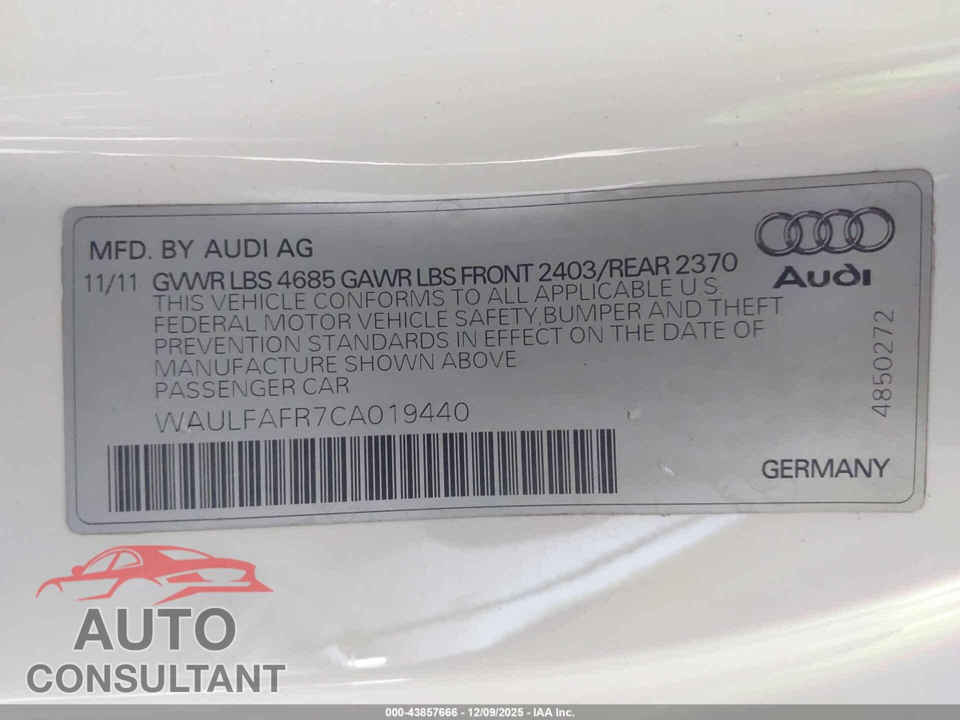 AUDI A5 2012 - WAULFAFR7CA019440