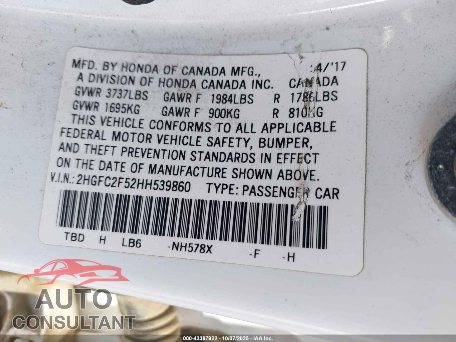 HONDA CIVIC 2017 - 2HGFC2F52HH539860