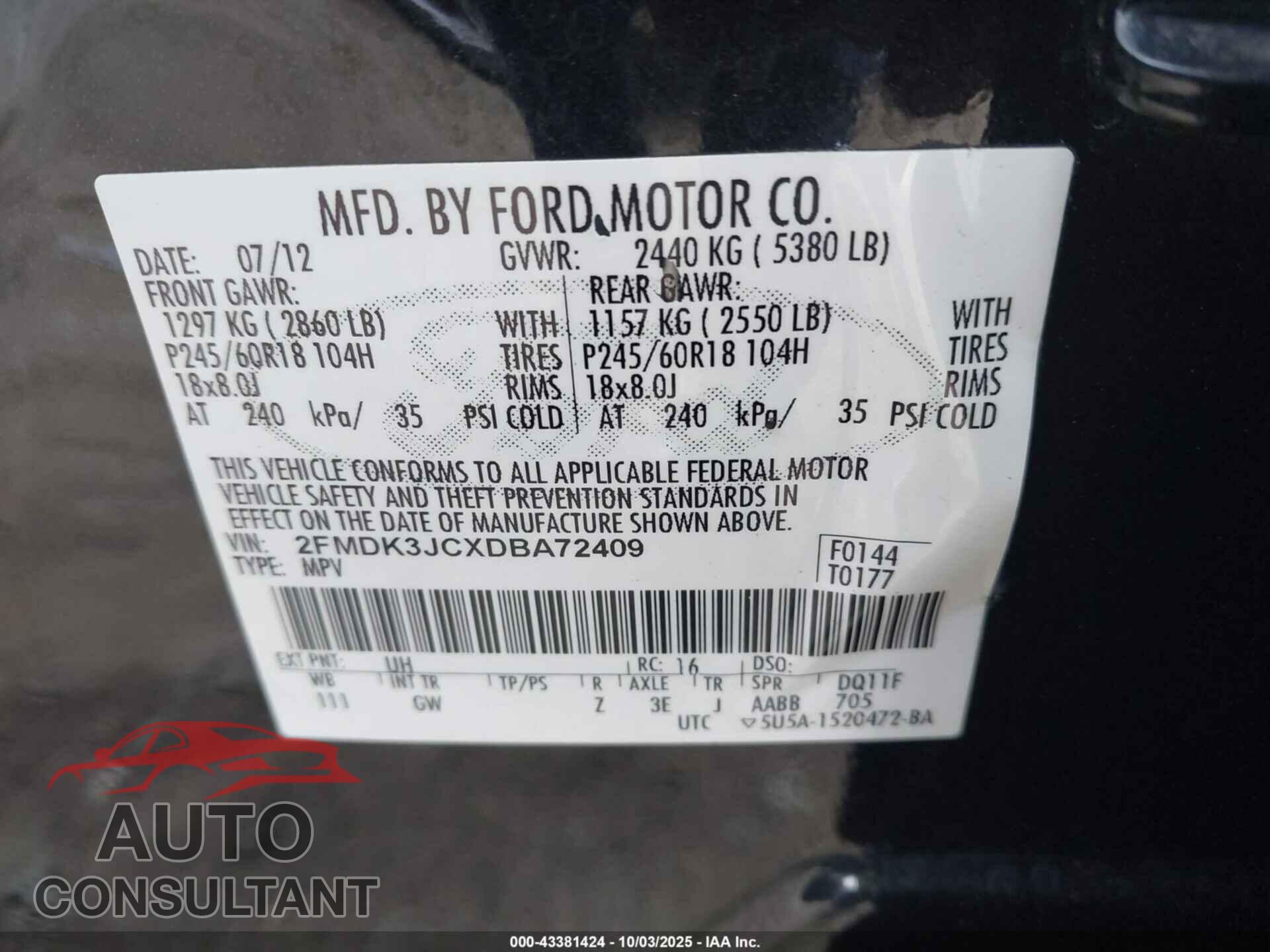 FORD EDGE 2013 - 2FMDK3JCXDBA72409