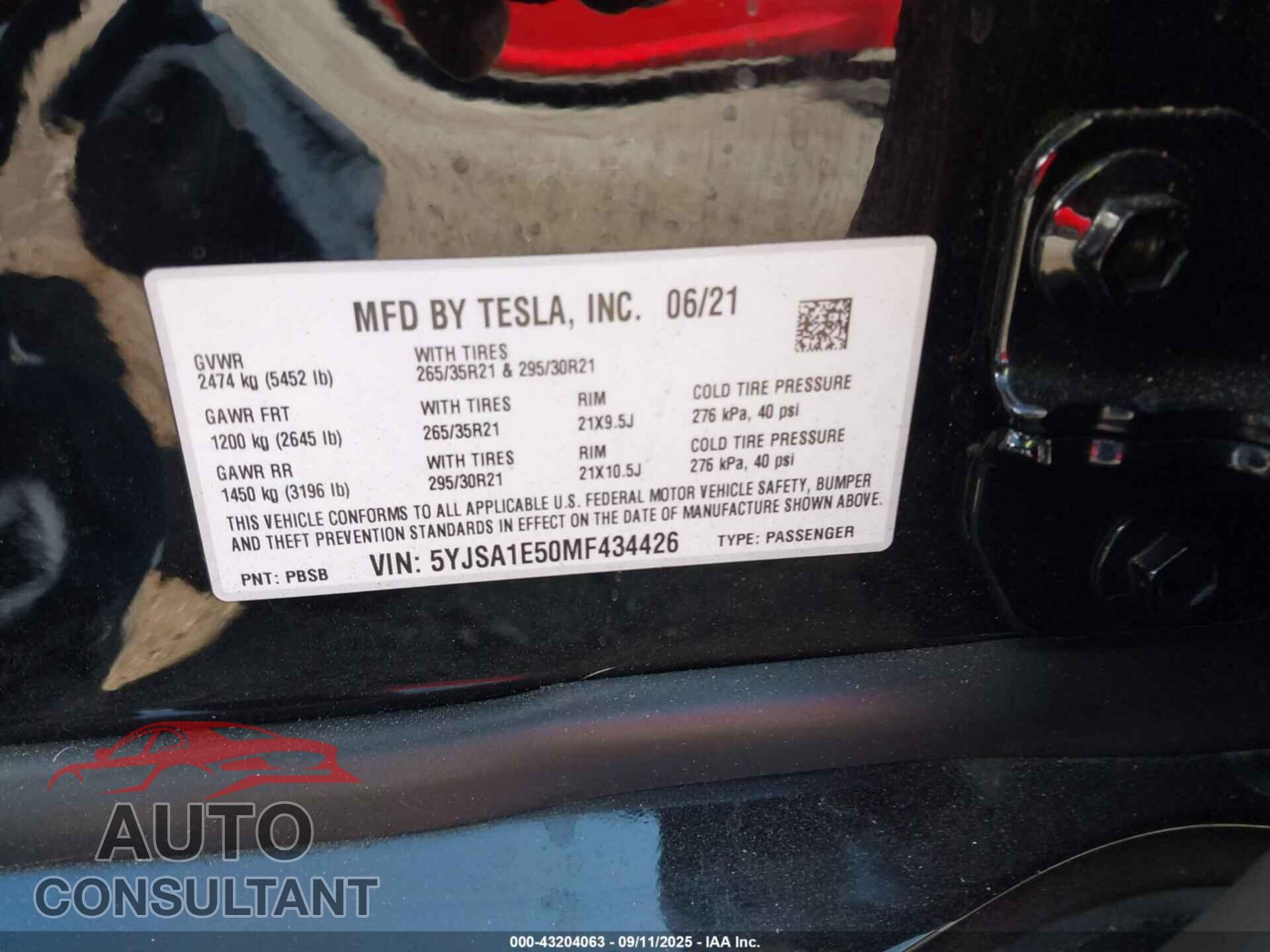 TESLA MODEL S 2021 - 5YJSA1E50MF434426