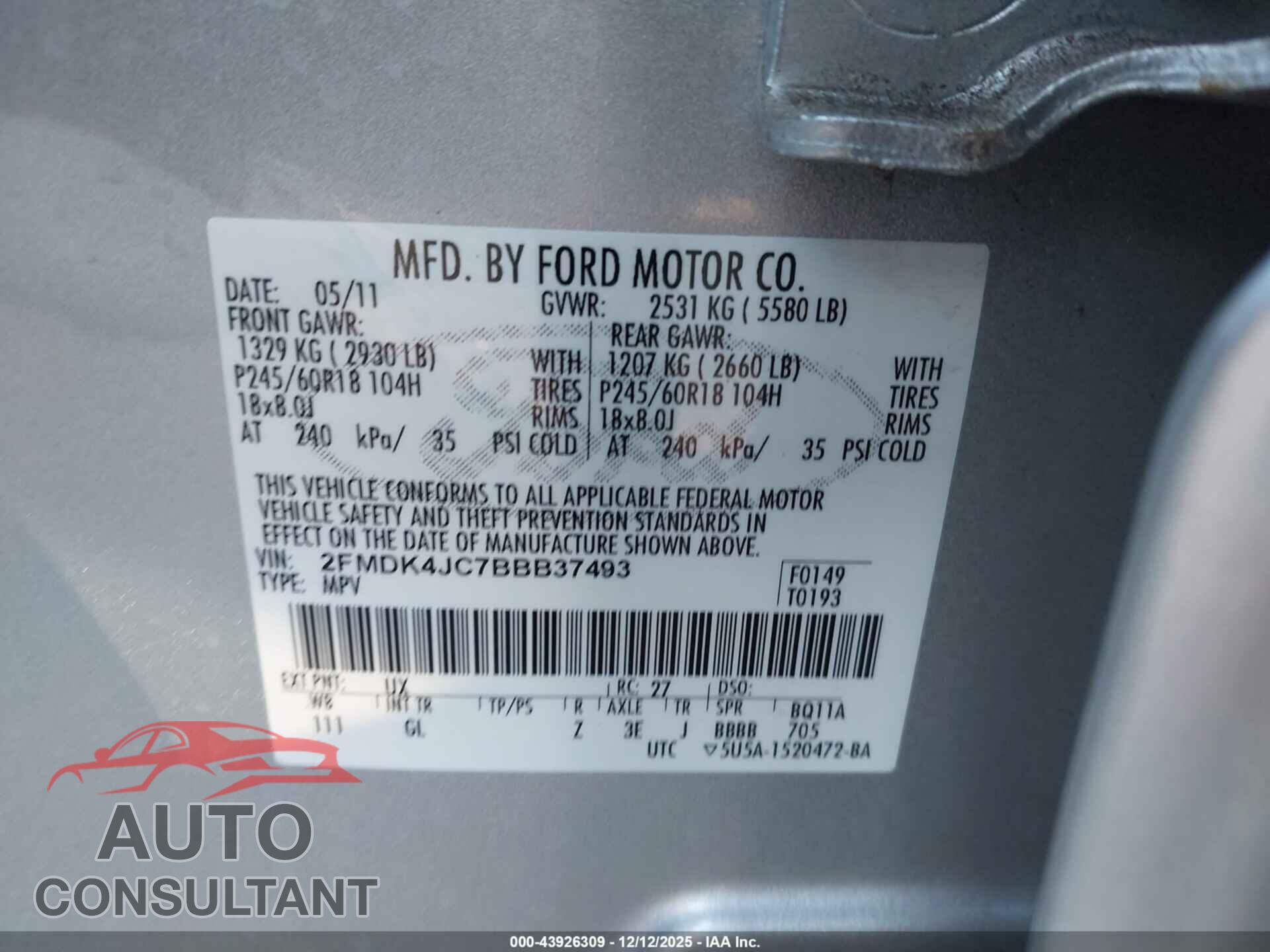 FORD EDGE 2011 - 2FMDK4JC7BBB37493