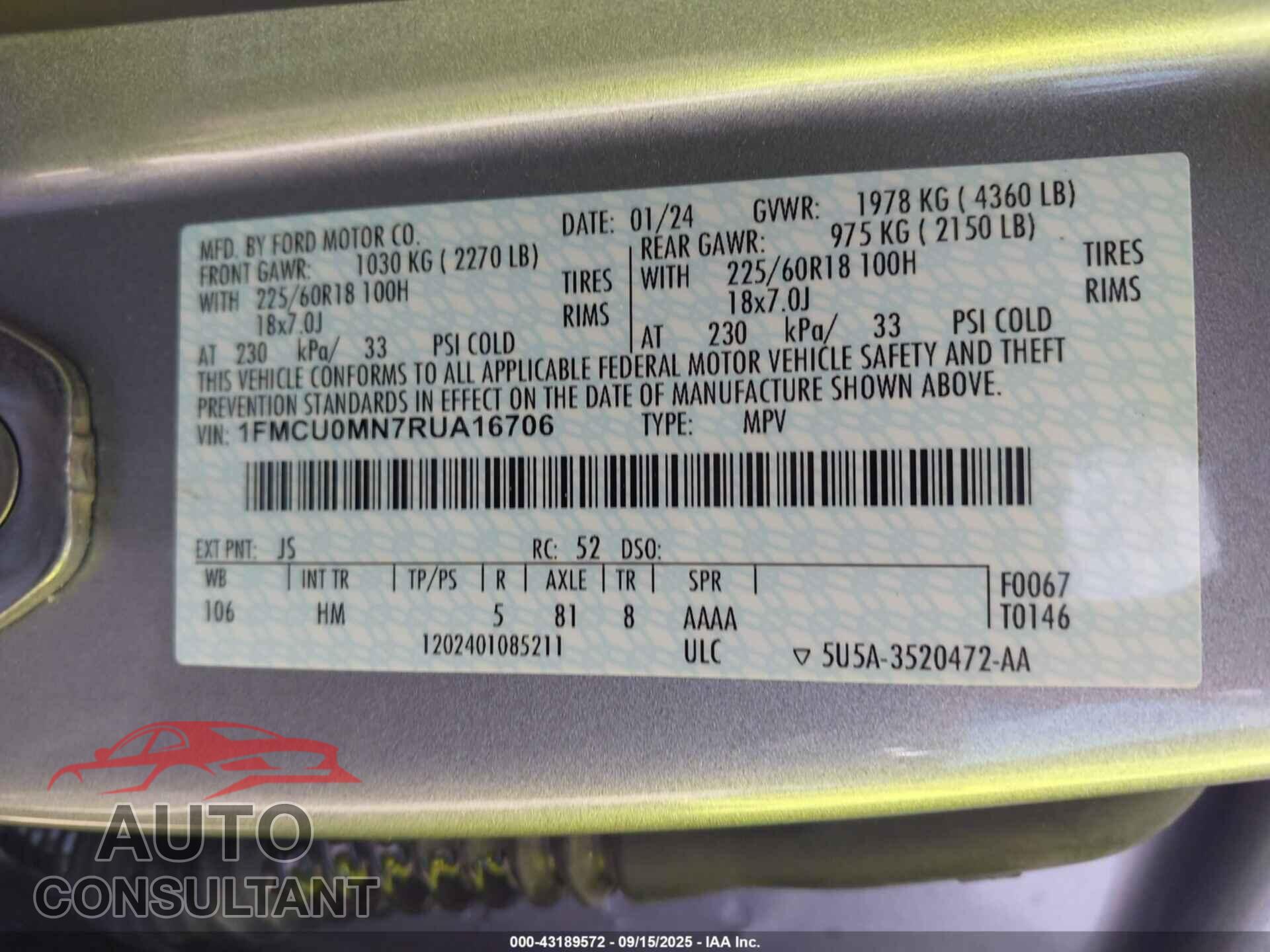 FORD ESCAPE 2024 - 1FMCU0MN7RUA16706