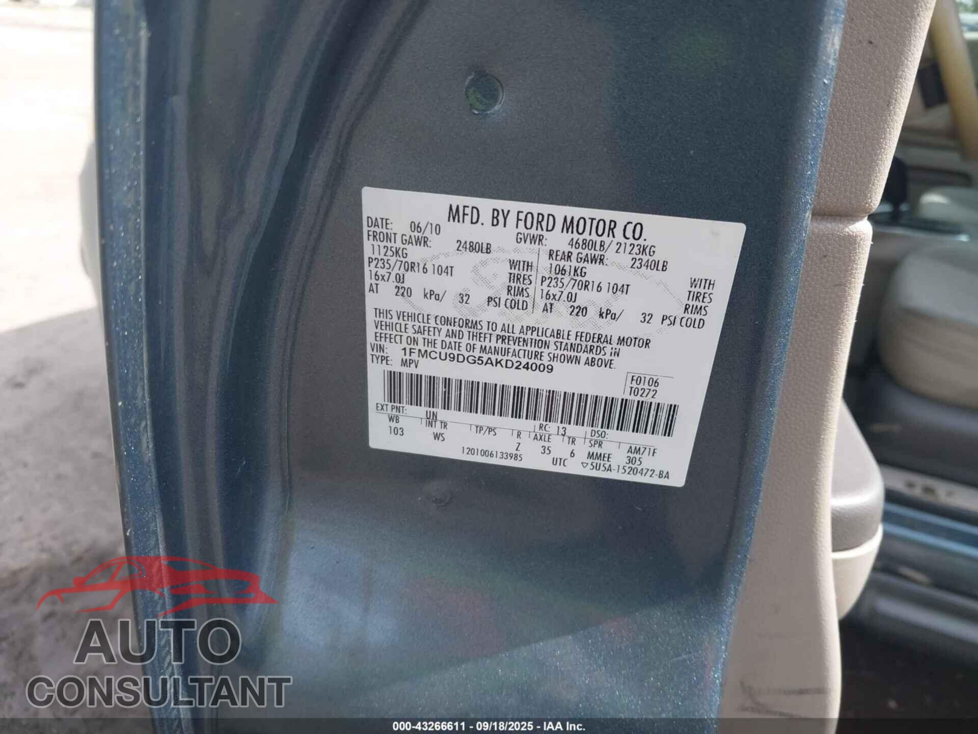 FORD ESCAPE 2010 - 1FMCU9DG5AKD24009