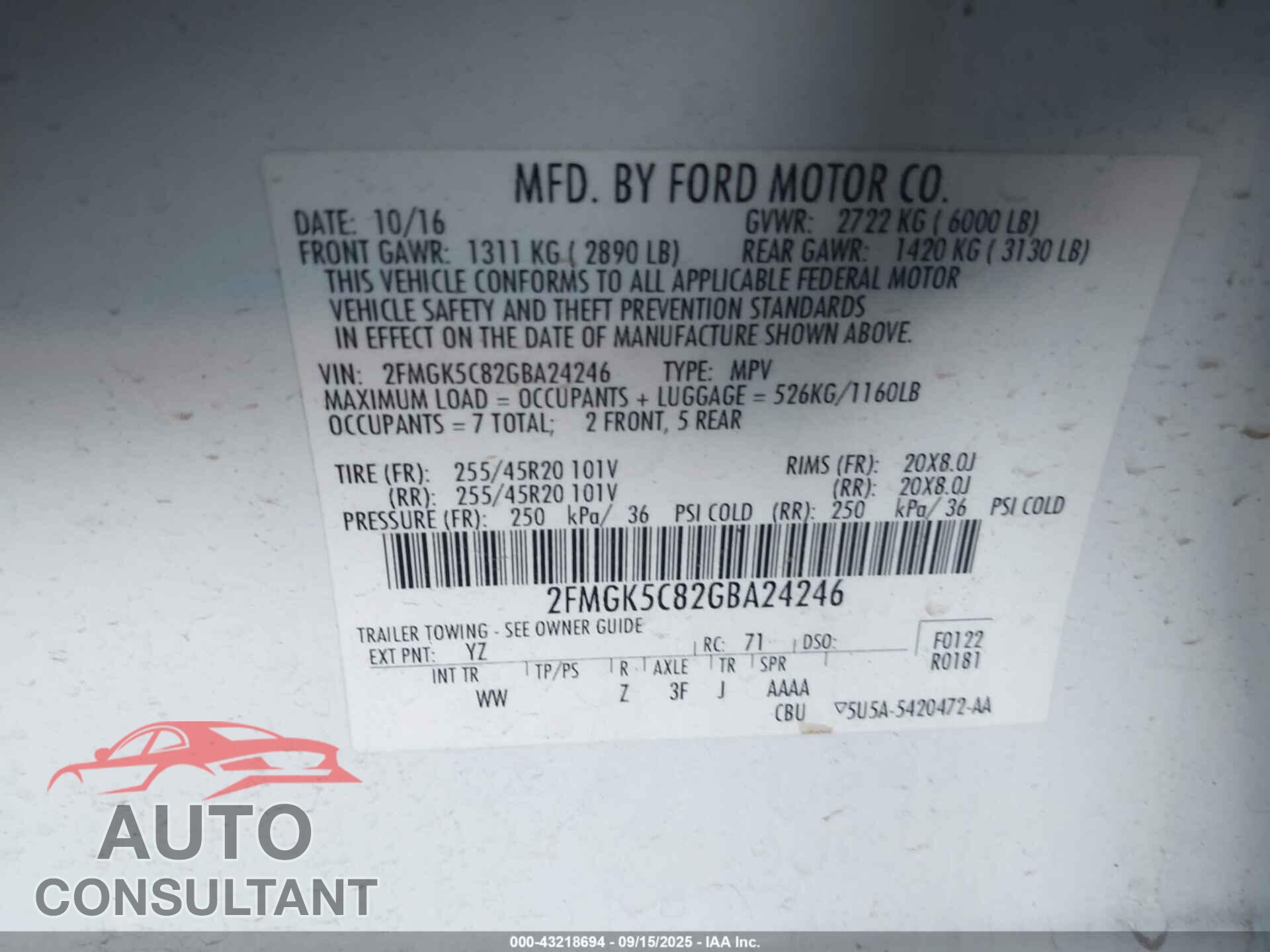 FORD FLEX 2016 - 2FMGK5C82GBA24246