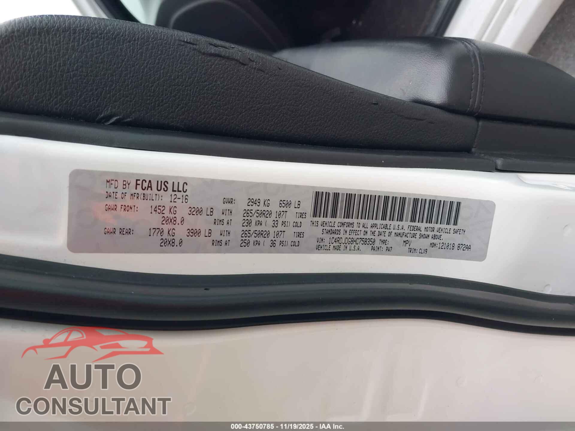 DODGE DURANGO 2017 - 1C4RDJDG8HC758350