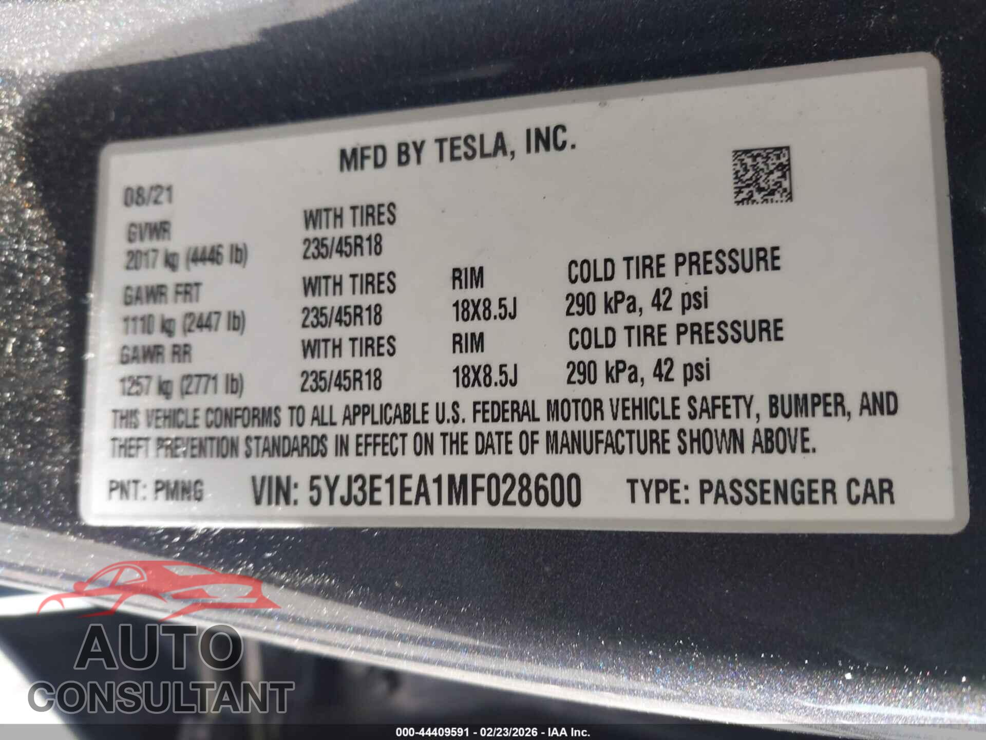 TESLA MODEL 3 2021 - 5YJ3E1EA1MF028600