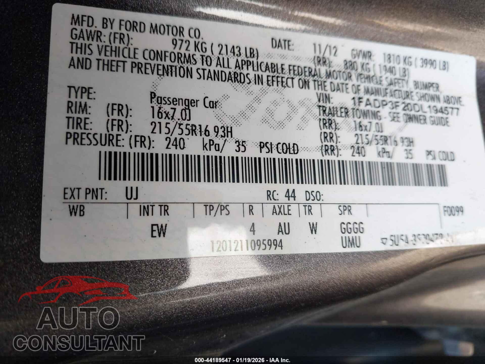 FORD FOCUS 2013 - 1FADP3F20DL194577