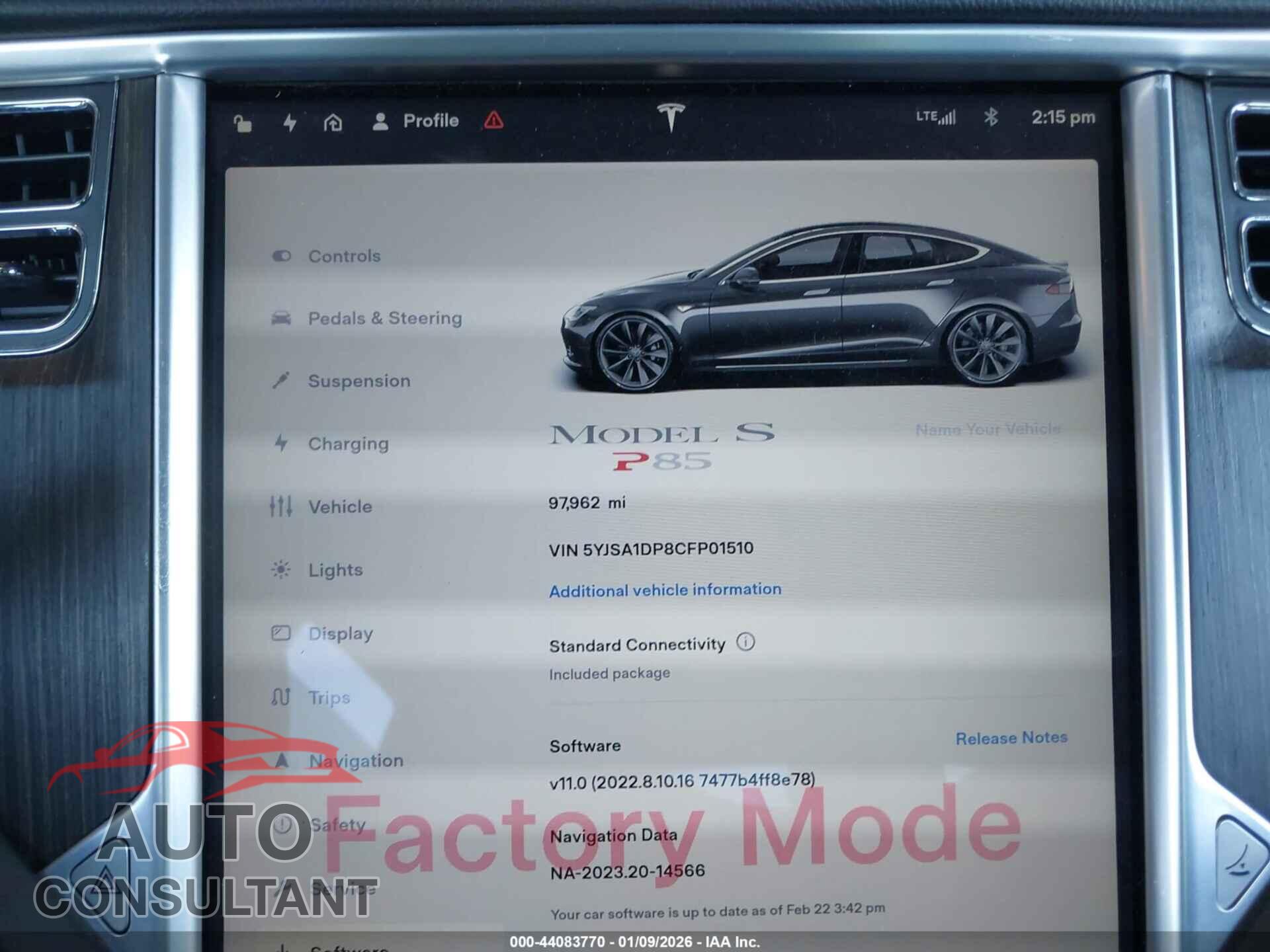 TESLA MODEL S 2012 - 5YJSA1DP8CFP01510