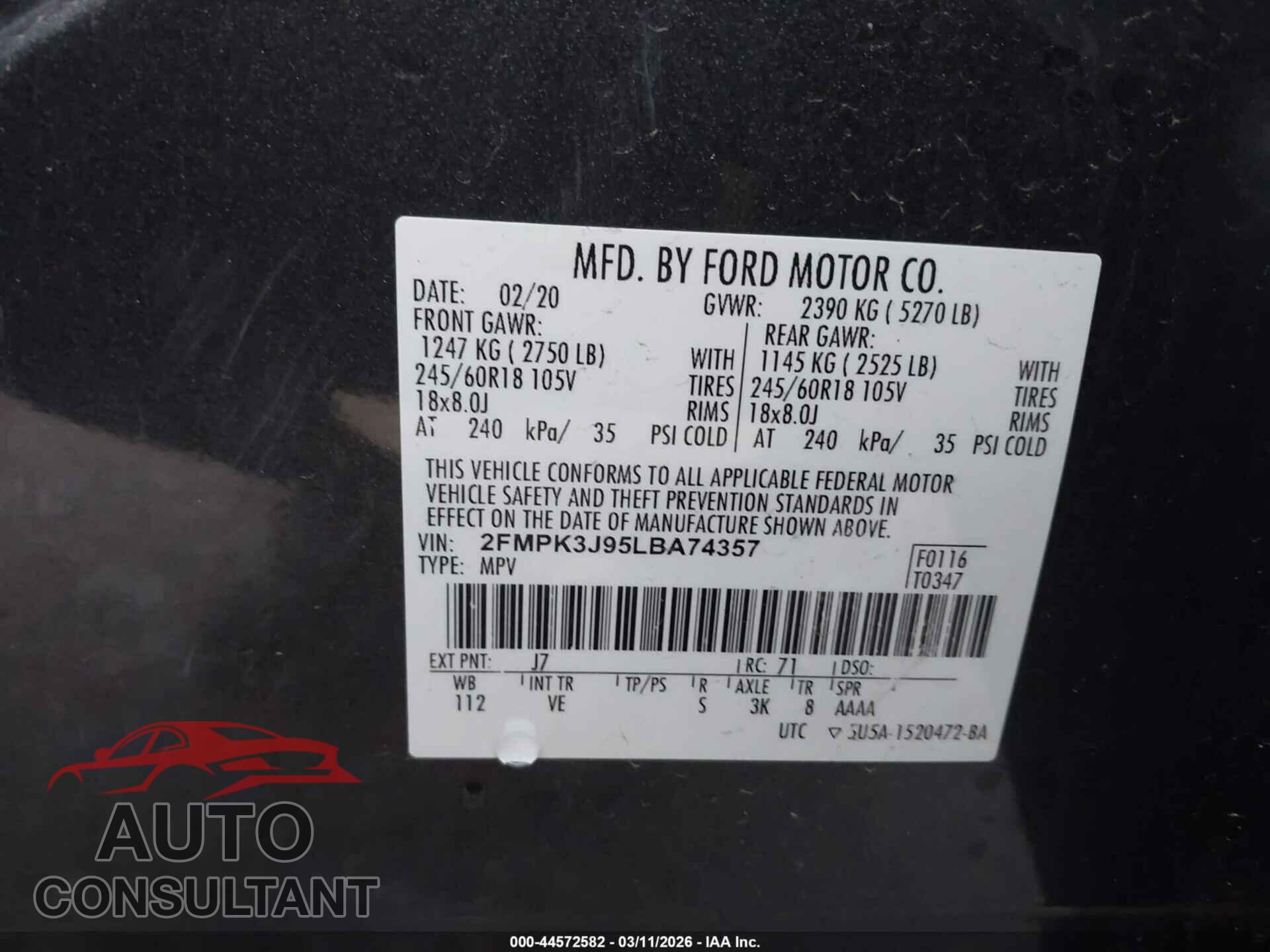 FORD EDGE 2020 - 2FMPK3J95LBA74357