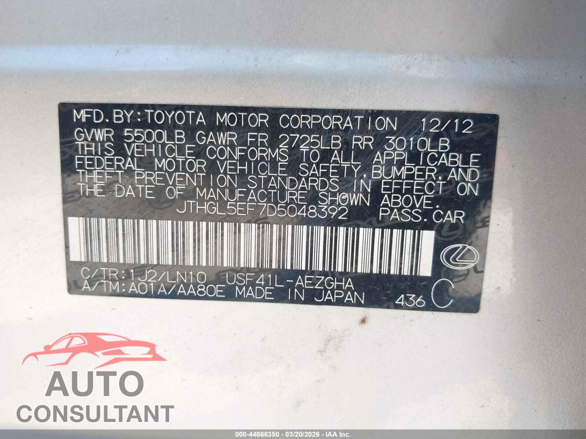 LEXUS LS 460 2013 - JTHGL5EF7D5048392