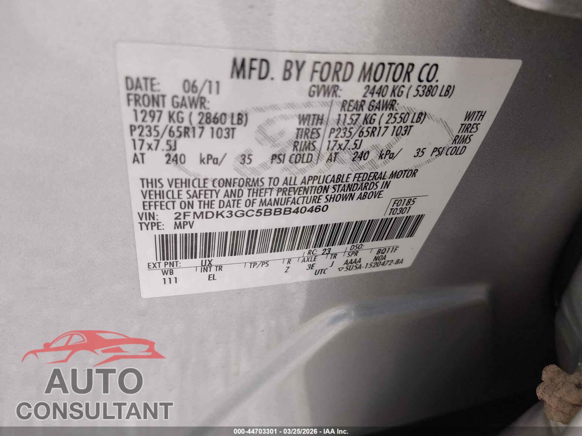 FORD EDGE 2011 - 2FMDK3GC5BBB40460