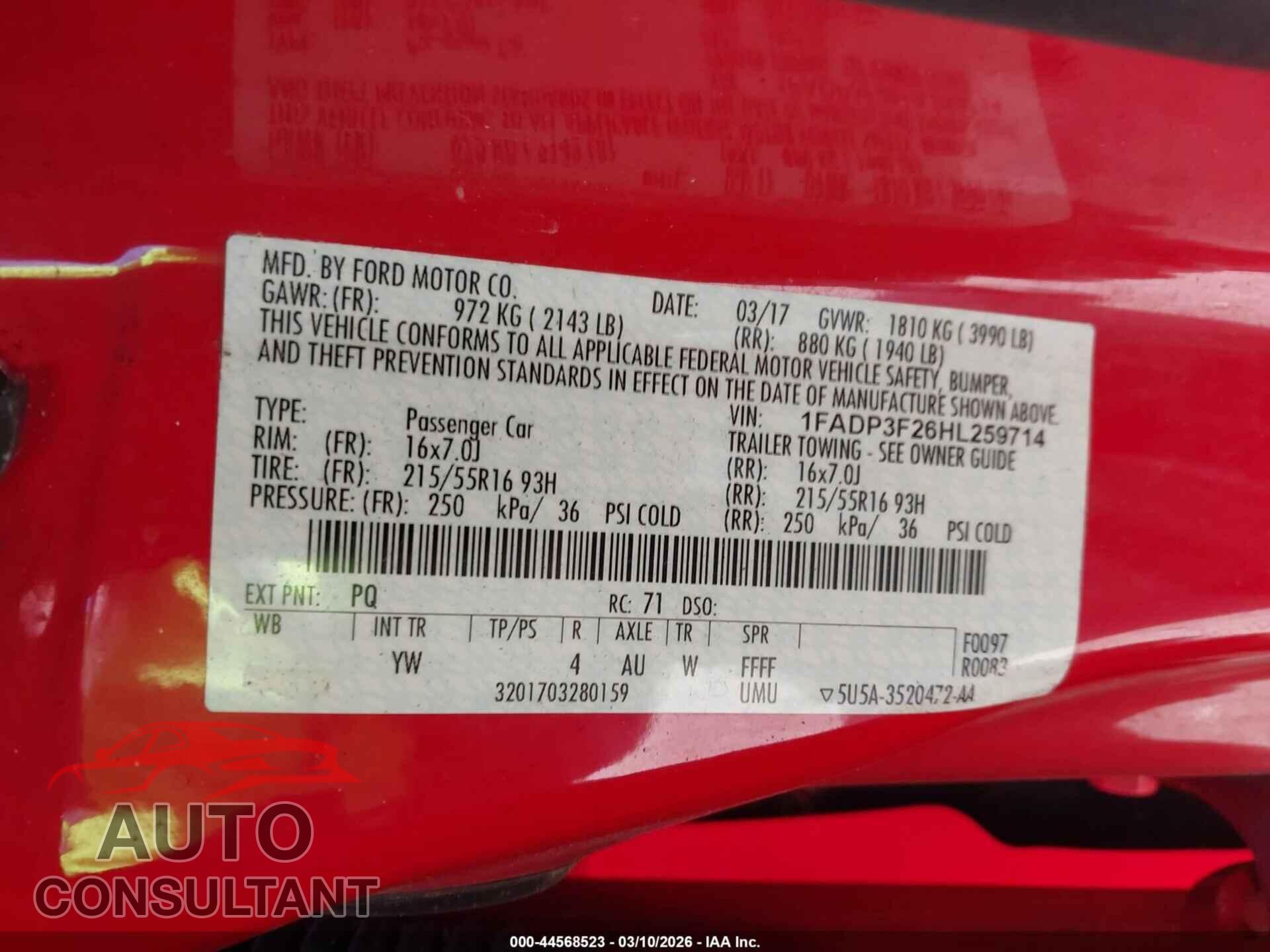 FORD FOCUS 2017 - 1FADP3F26HL259714