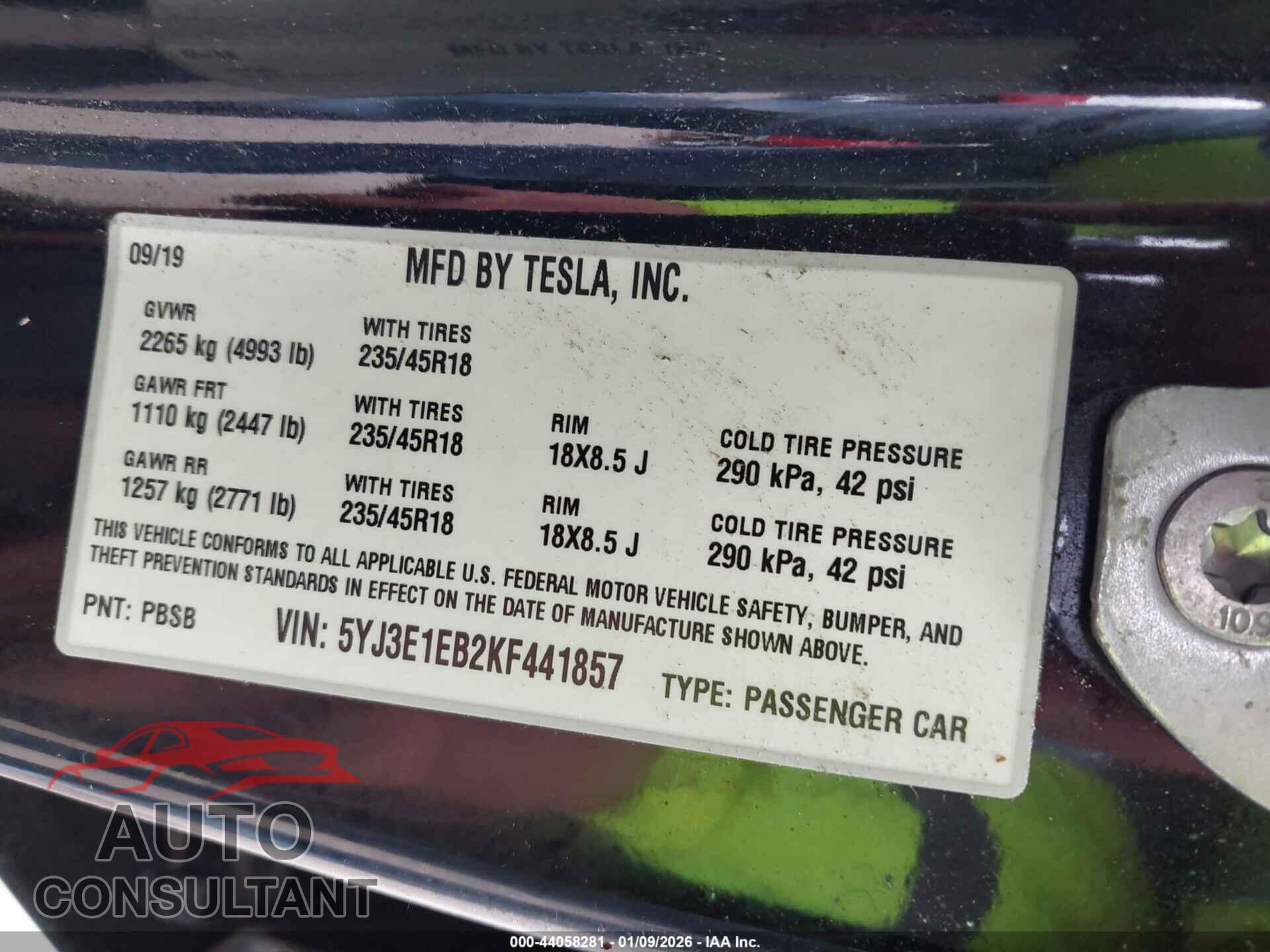 TESLA MODEL 3 2019 - 5YJ3E1EB2KF441857