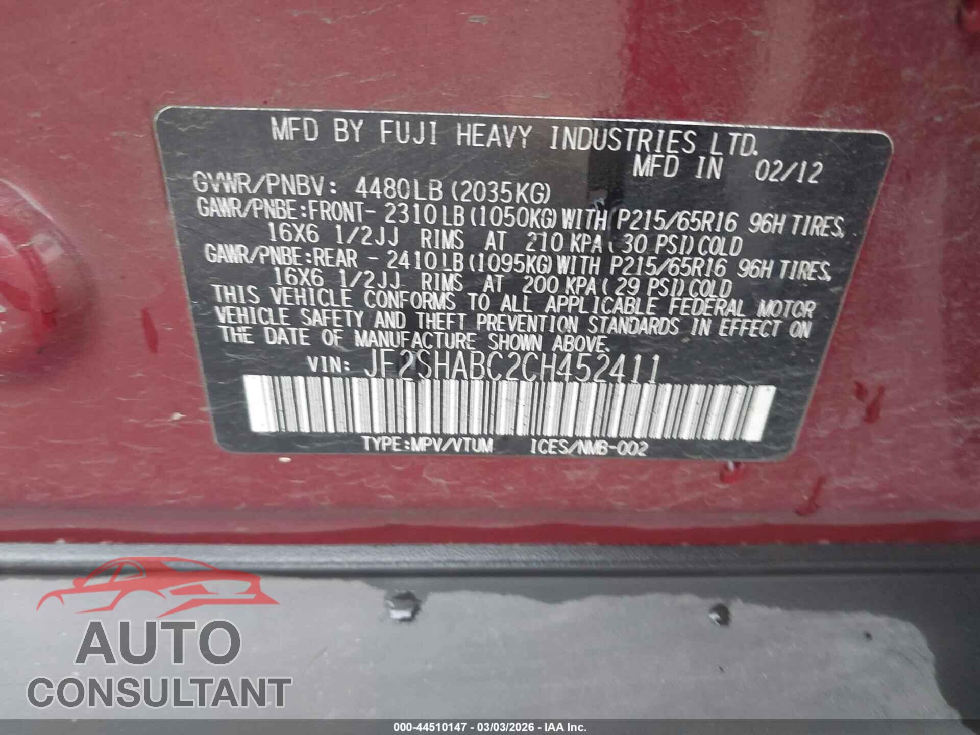 SUBARU FORESTER 2012 - JF2SHABC2CH452411