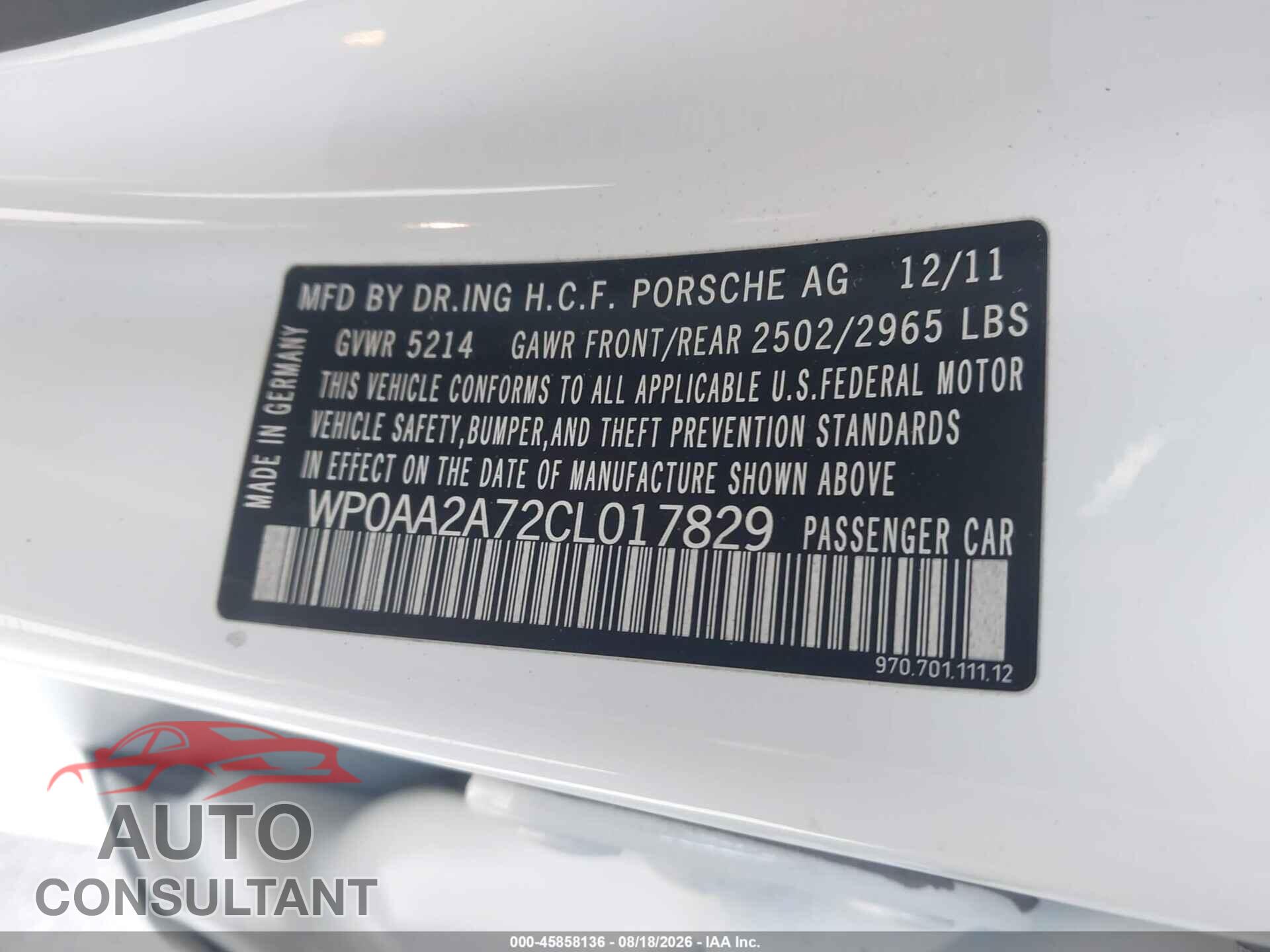 PORSCHE PANAMERA 2012 - WP0AA2A72CL017829