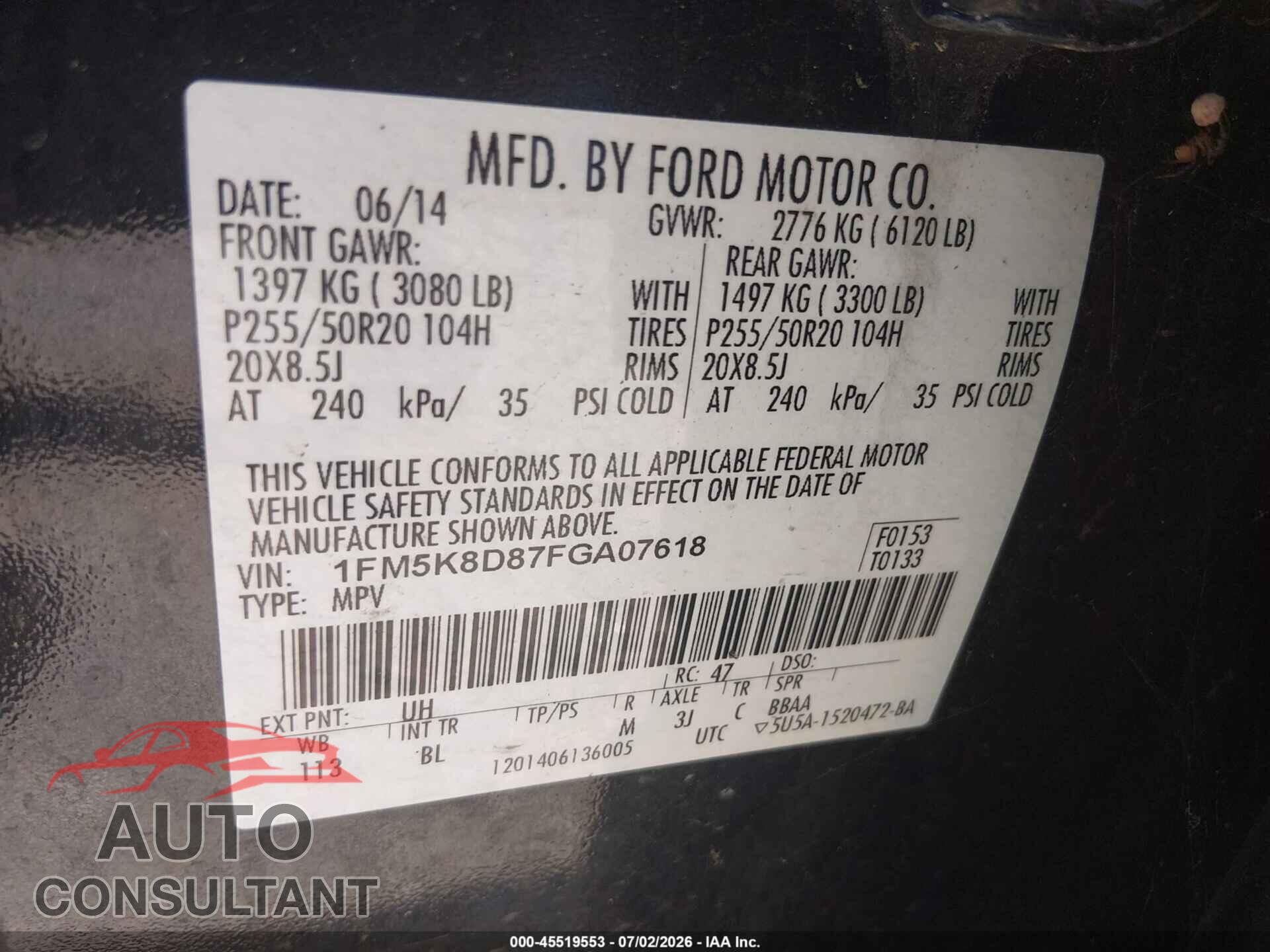 FORD EXPLORER 2015 - 1FM5K8D87FGA07618