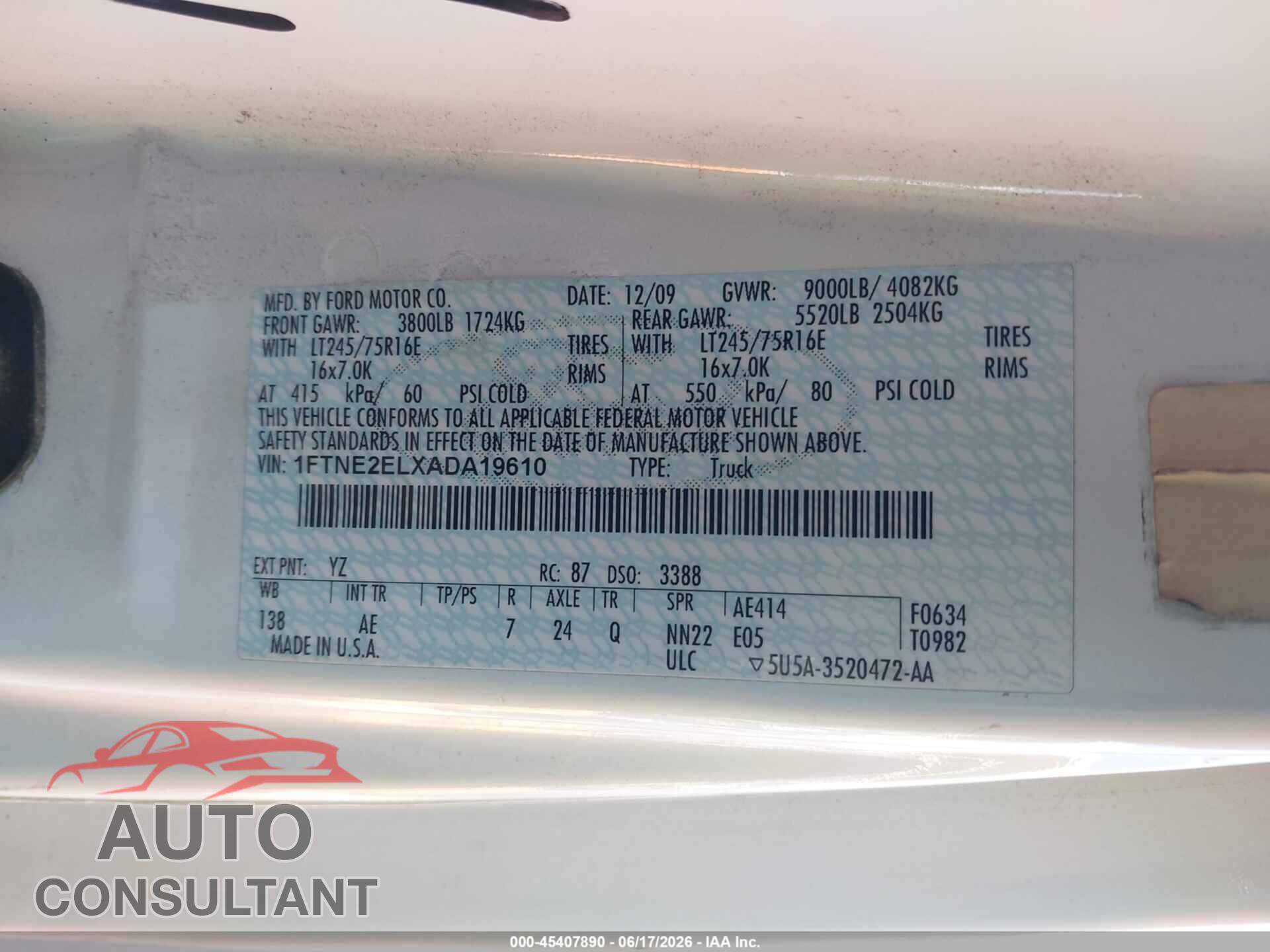 FORD E-250 2010 - 1FTNE2ELXADA19610