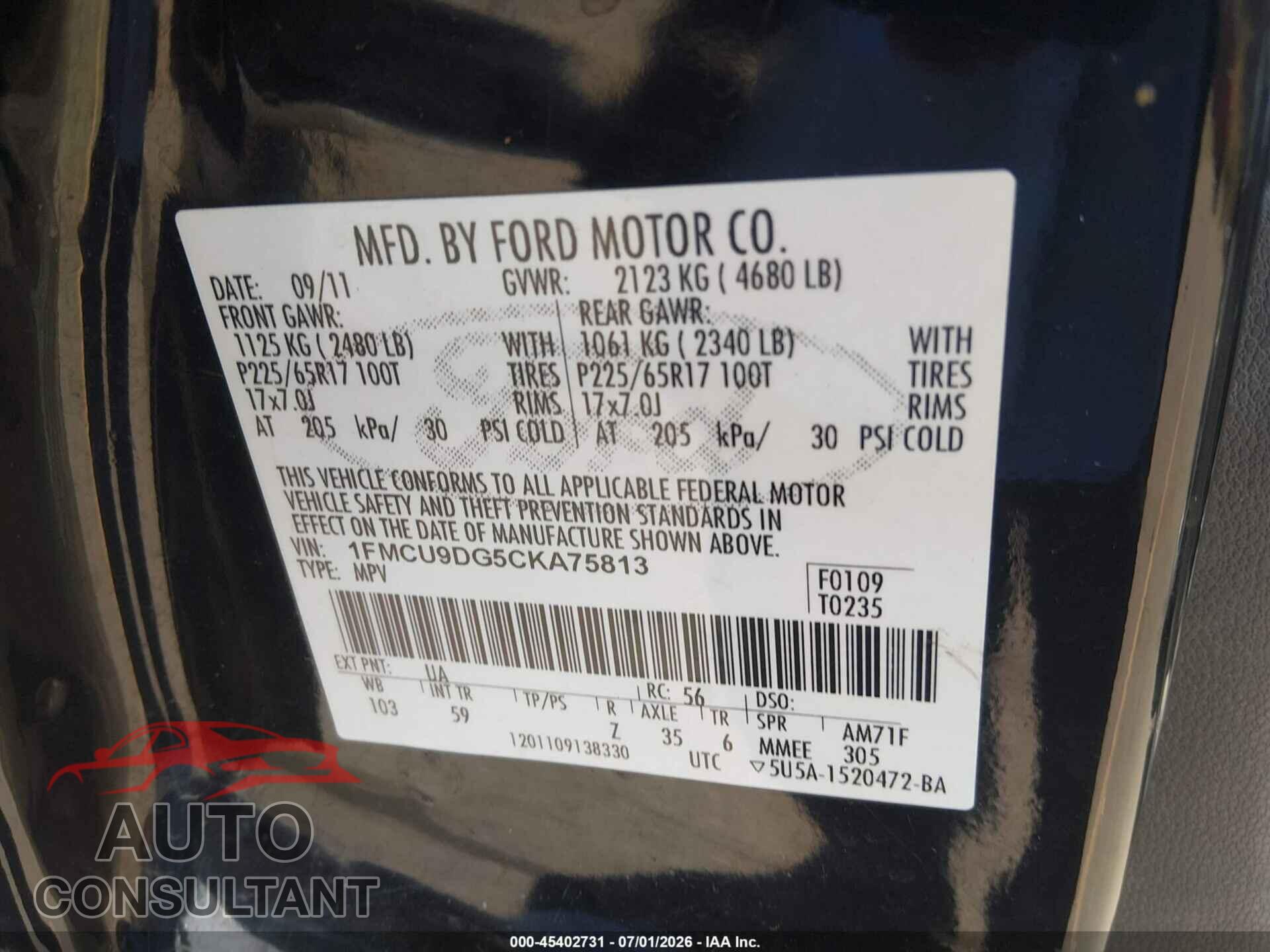 FORD ESCAPE 2012 - 1FMCU9DG5CKA75813