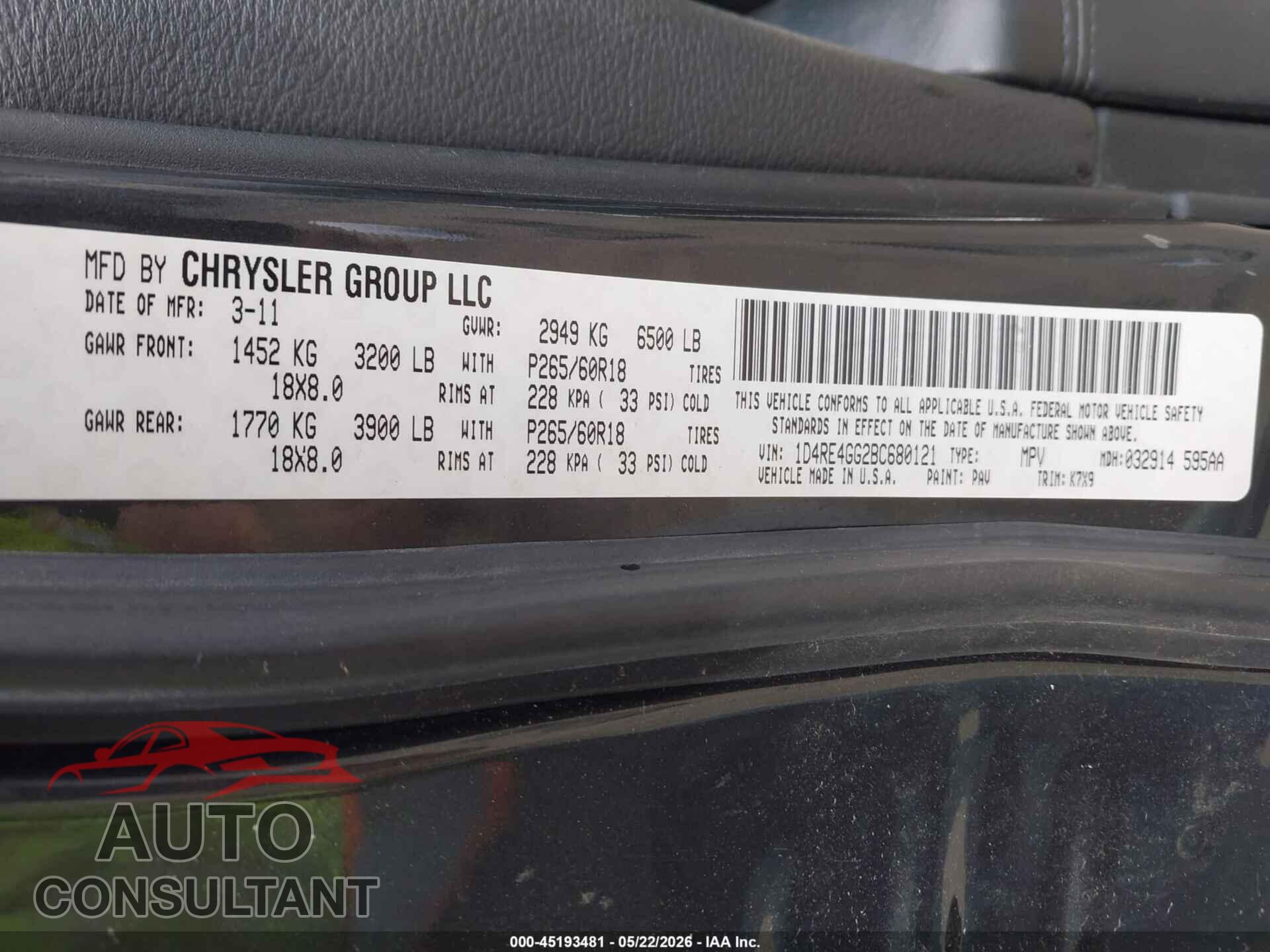 DODGE DURANGO 2011 - 1D4RE4GG2BC680121