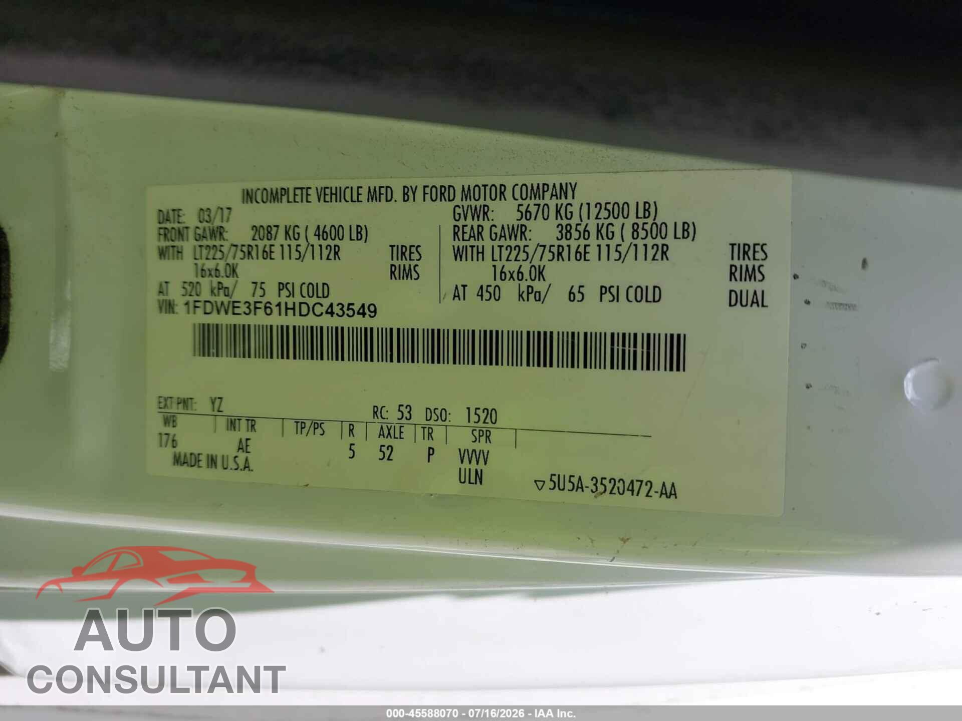 FORD E-350 CUTAWAY 2017 - 1FDWE3F61HDC43549