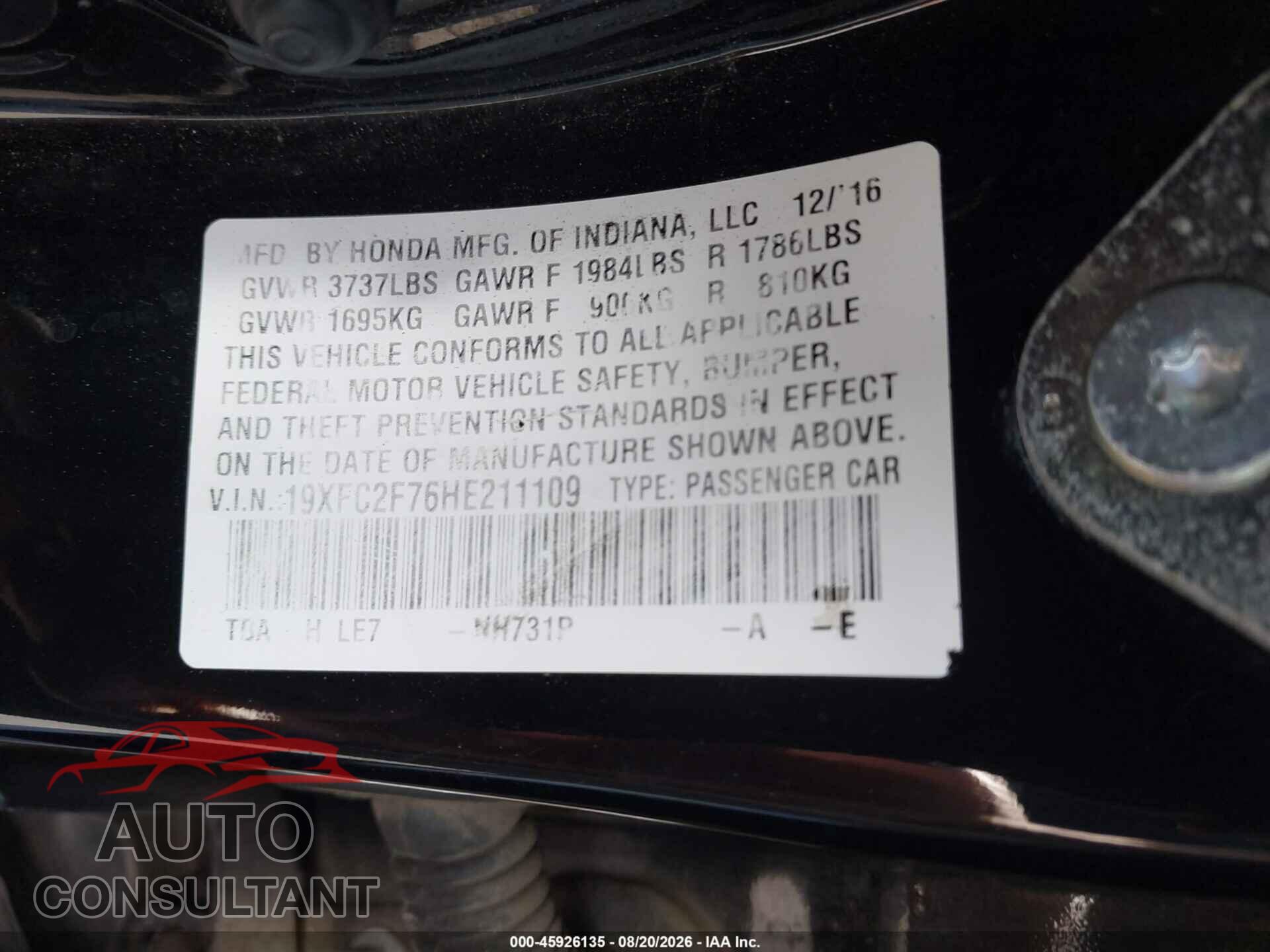 HONDA CIVIC 2017 - 19XFC2F76HE211109
