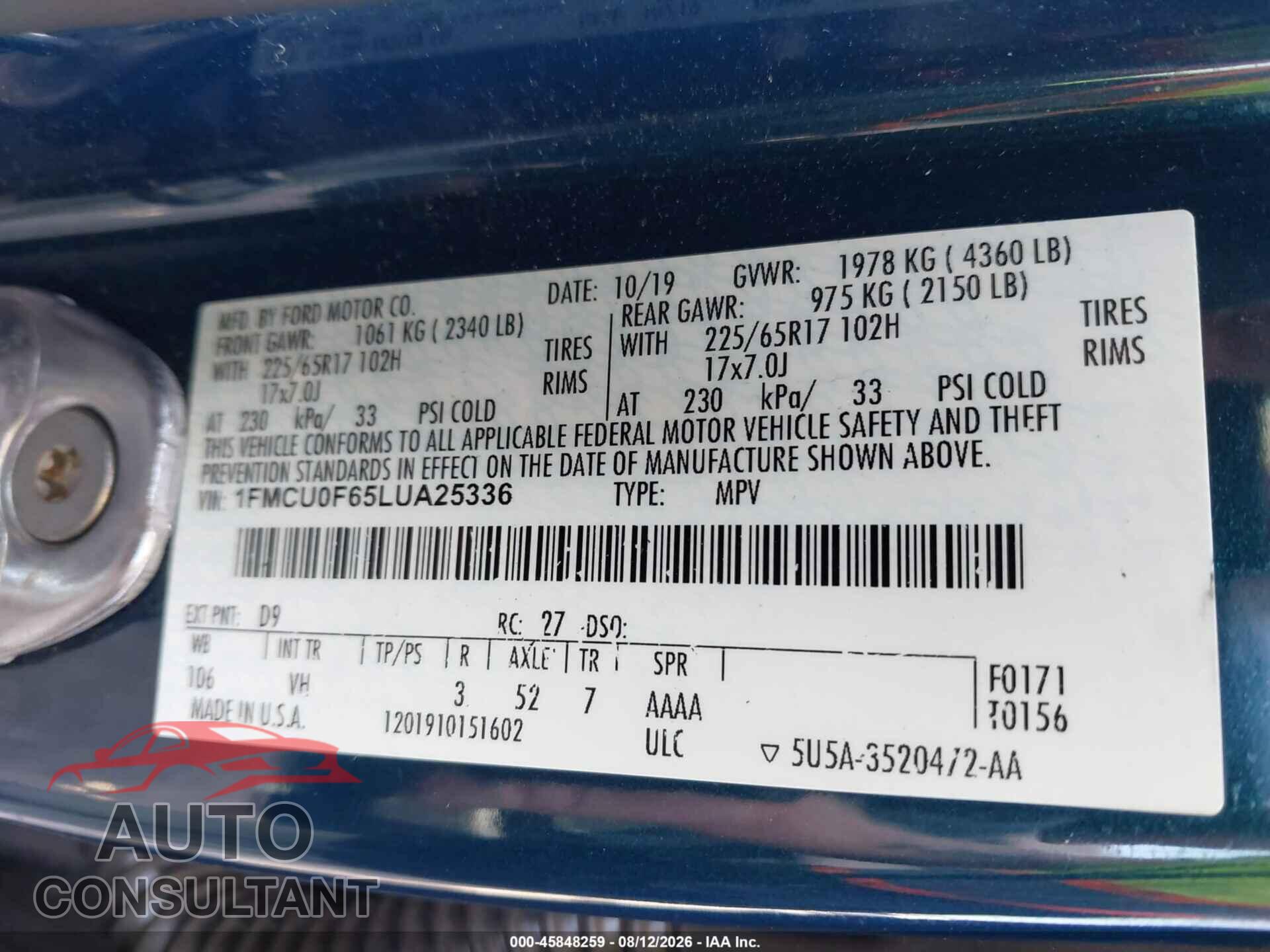 FORD ESCAPE 2020 - 1FMCU0F65LUA25336
