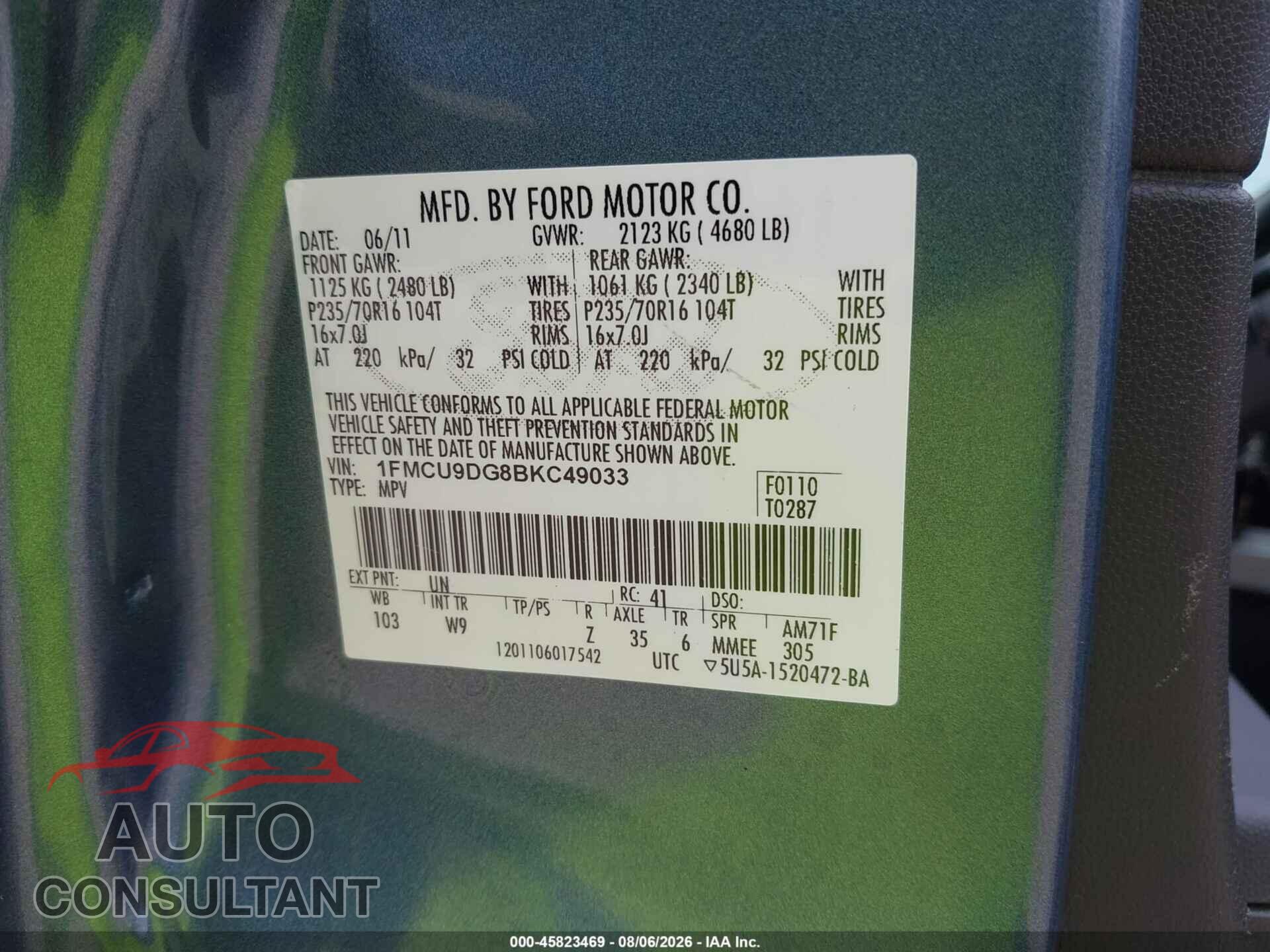 FORD ESCAPE 2011 - 1FMCU9DG8BKC49033