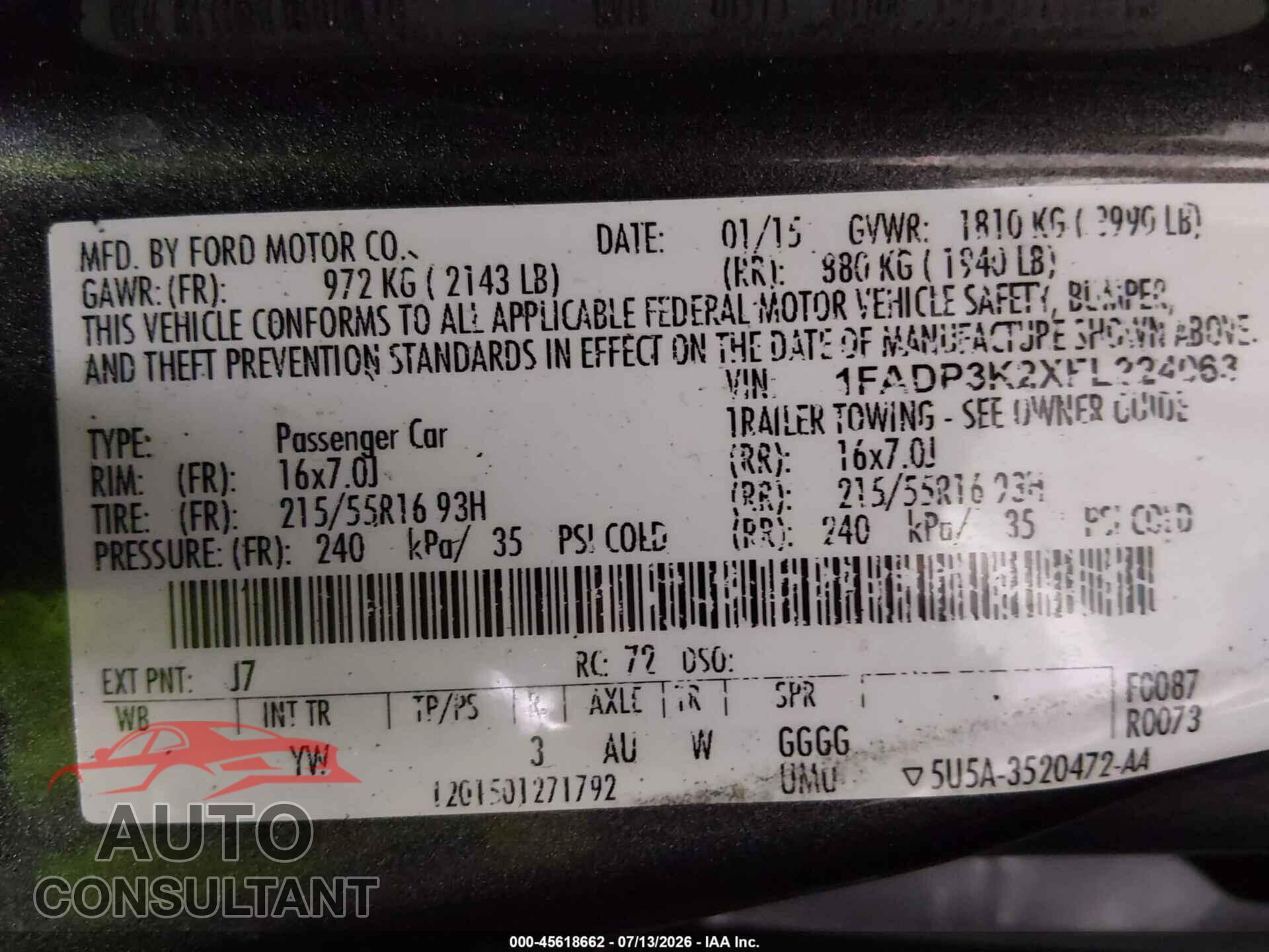 FORD FOCUS 2015 - 1FADP3K2XFL224063