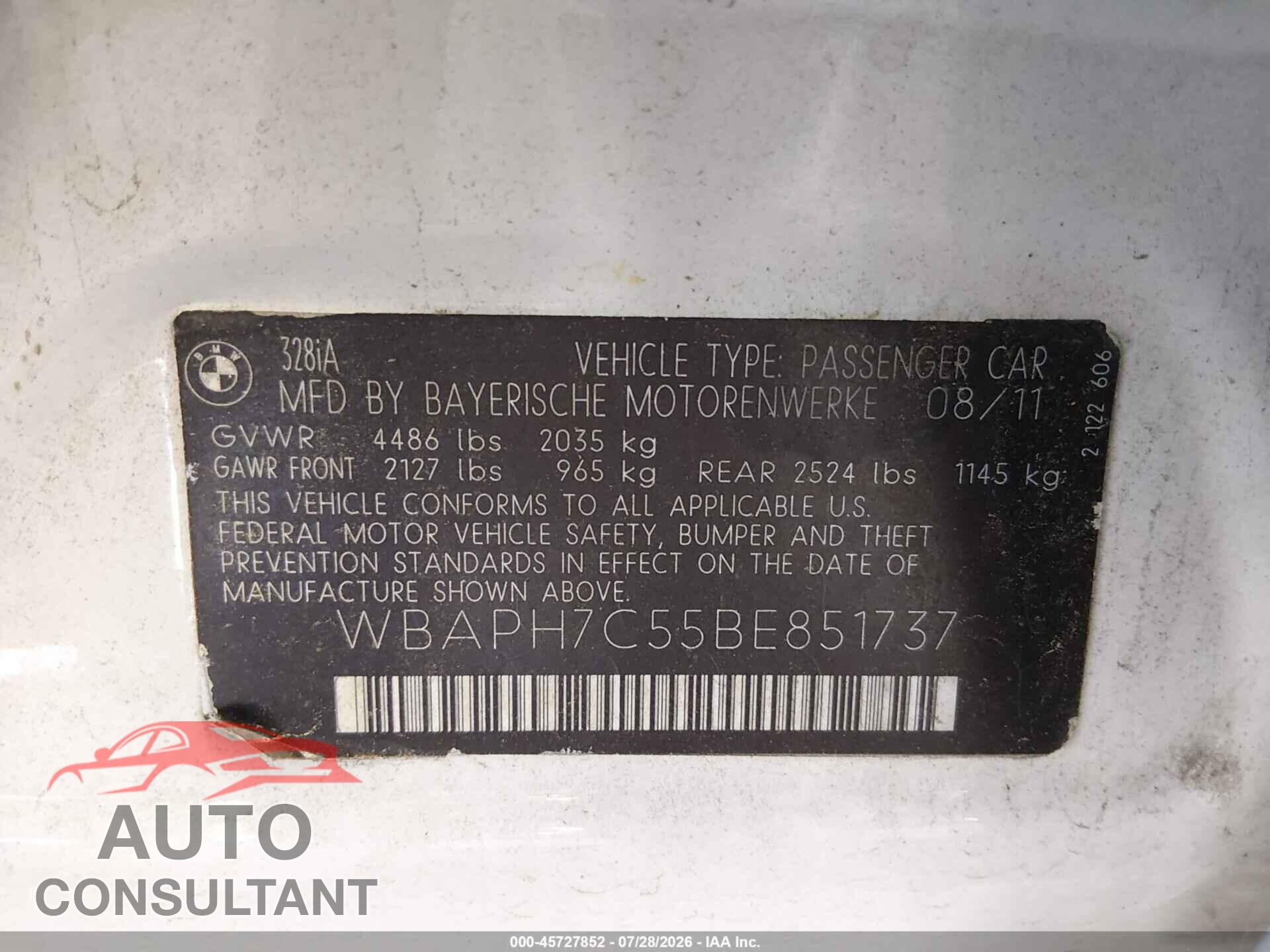BMW 328I 2011 - WBAPH7C55BE851737