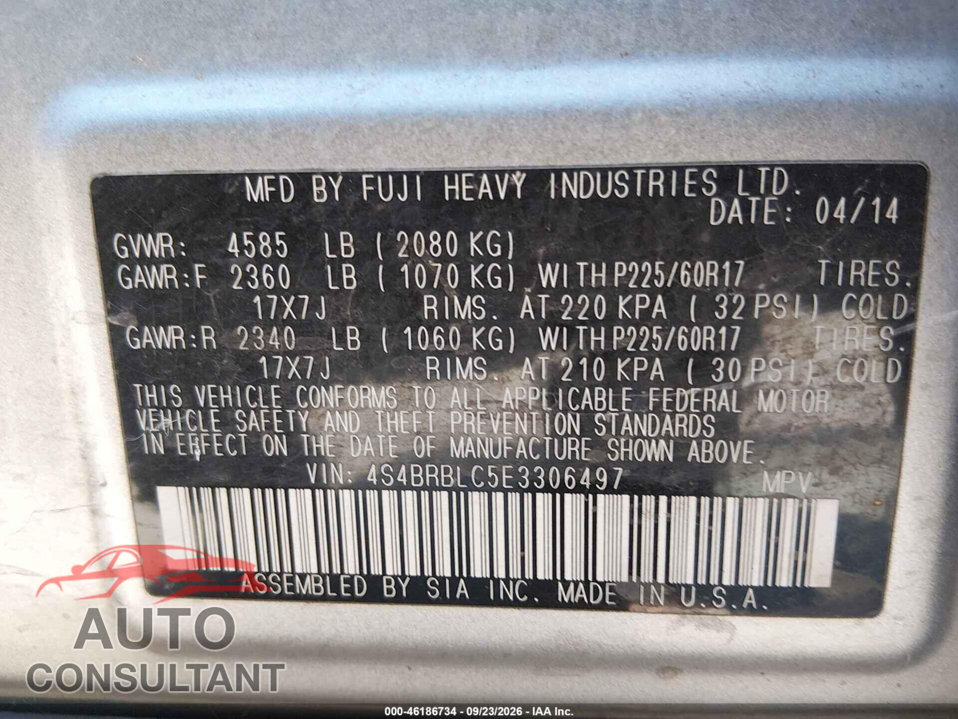 SUBARU OUTBACK 2014 - 4S4BRBLC5E3306497