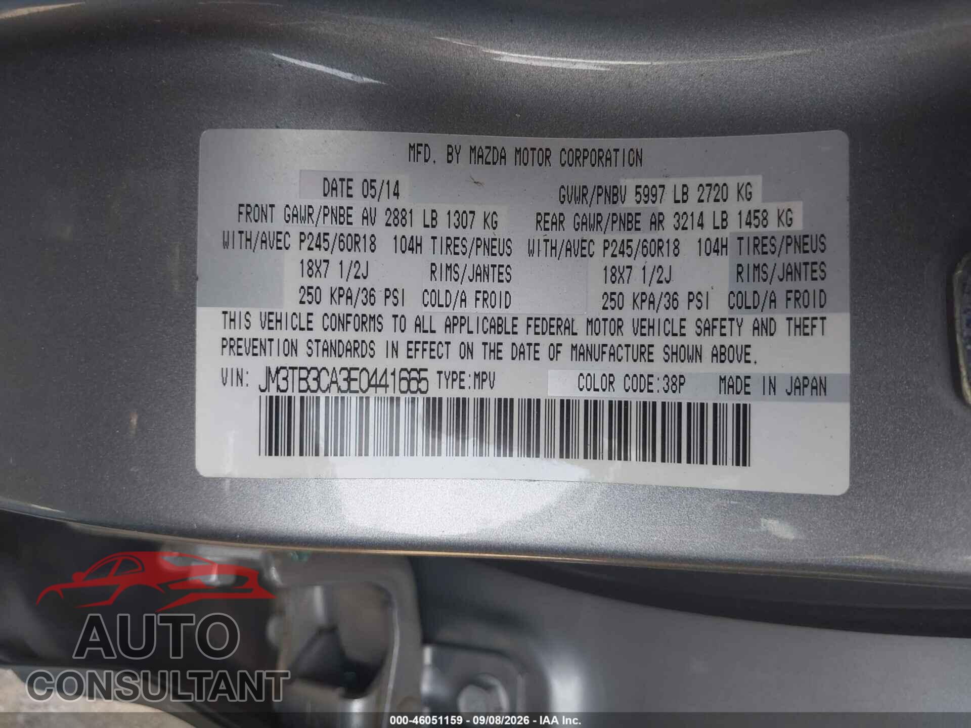 MAZDA CX-9 2014 - JM3TB3CA3E0441665