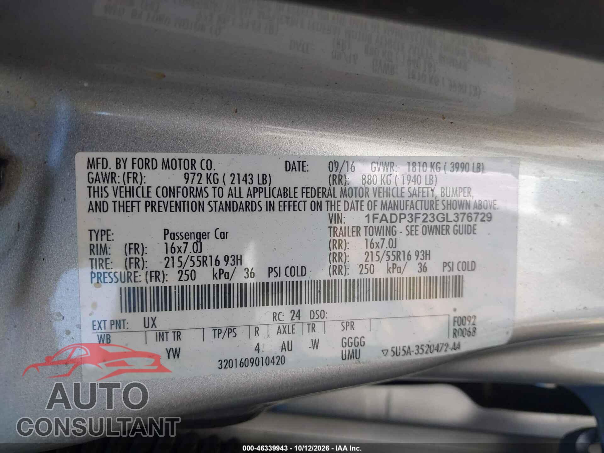 FORD FOCUS 2016 - 1FADP3F23GL376729