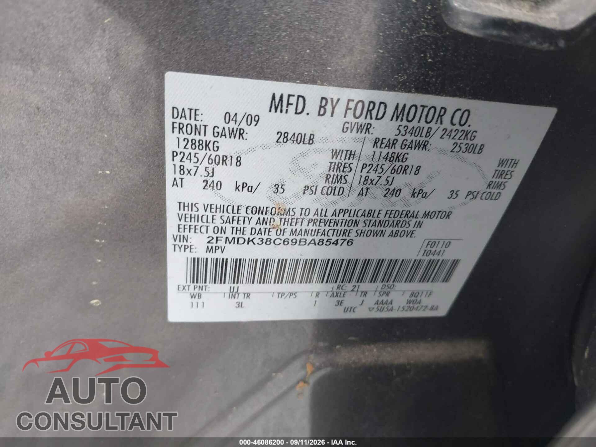 FORD EDGE 2009 - 2FMDK38C69BA85476