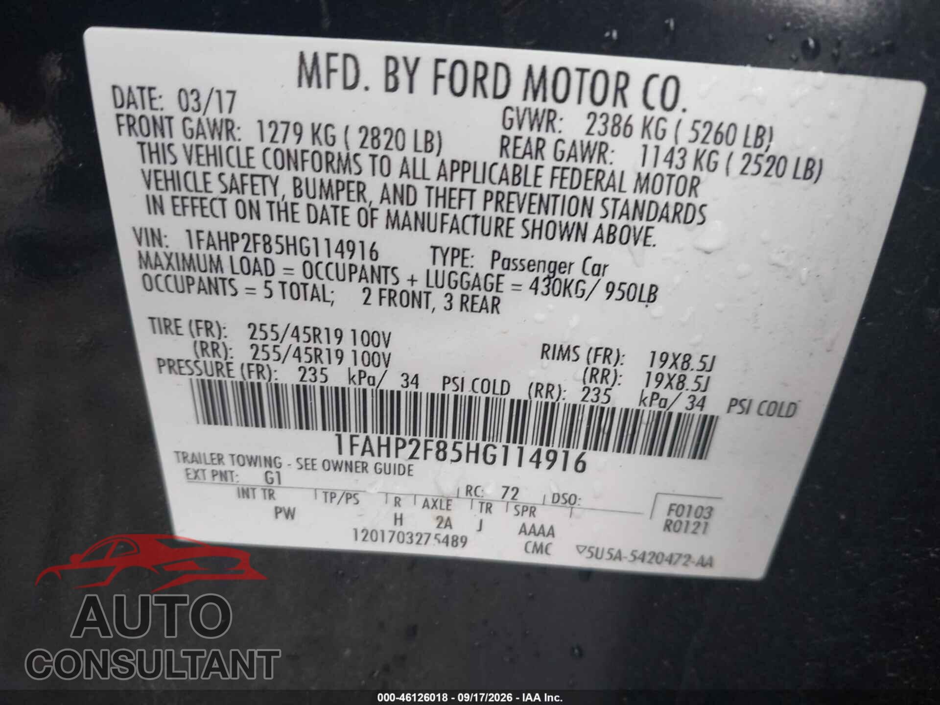 FORD TAURUS 2017 - 1FAHP2F85HG114916