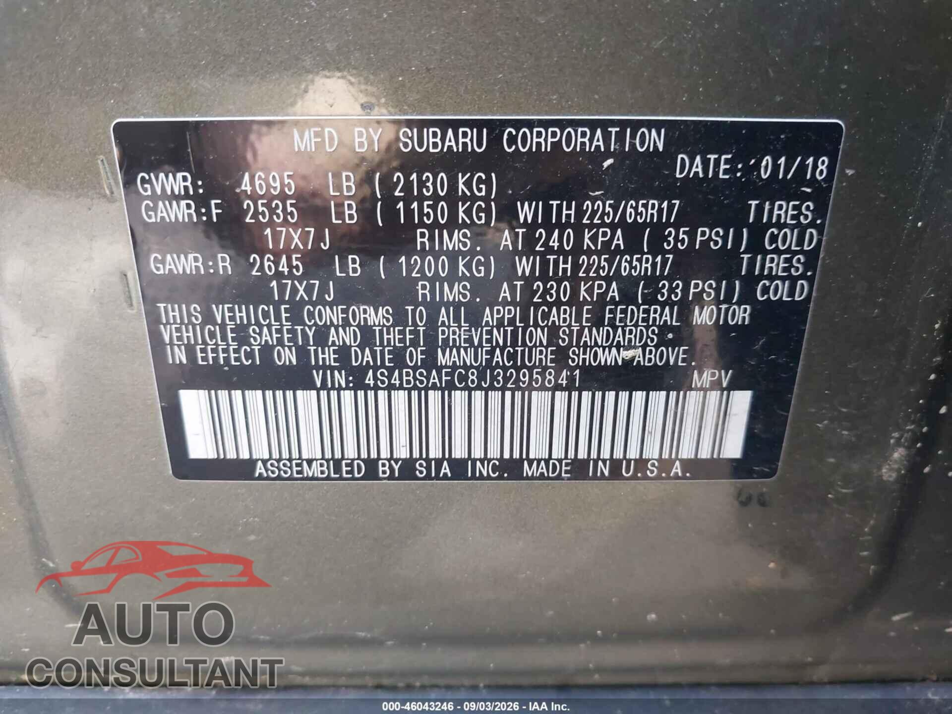 SUBARU OUTBACK 2018 - 4S4BSAFC8J3295841