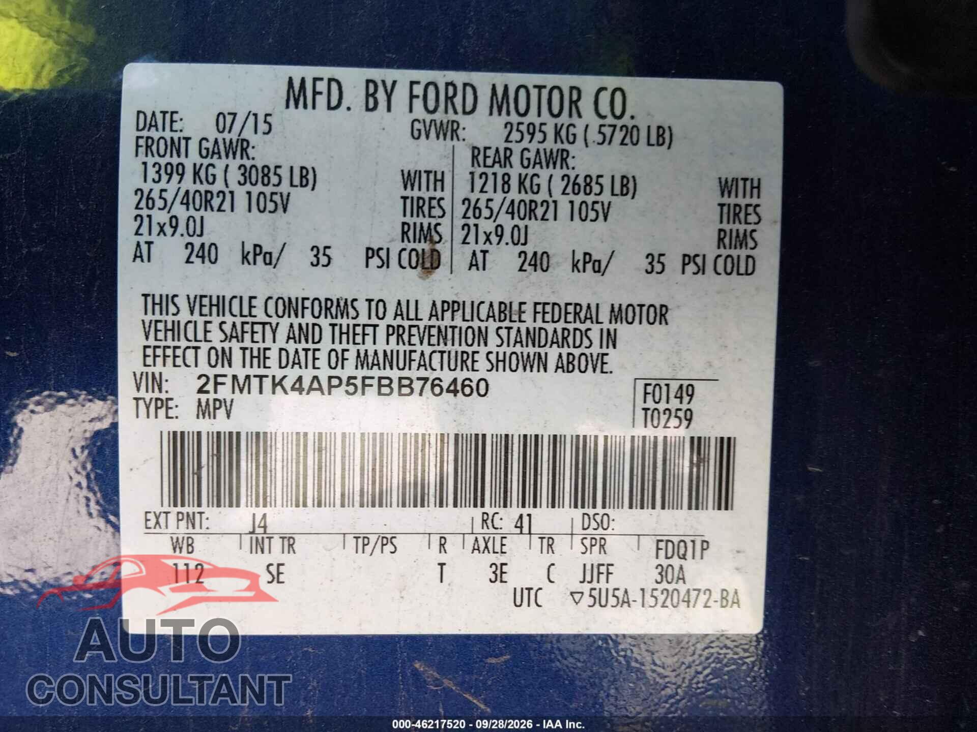 FORD EDGE 2015 - 2FMTK4AP5FBB76460