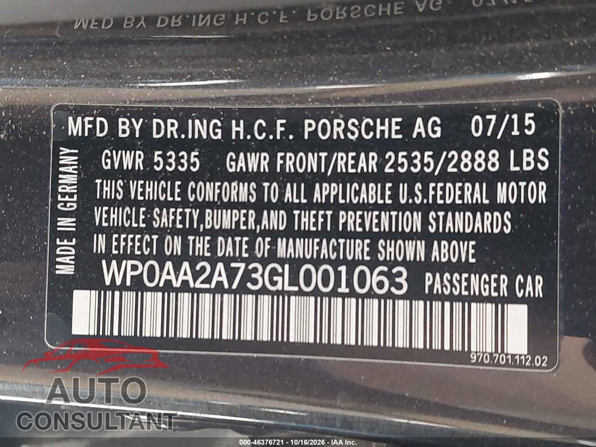 PORSCHE PANAMERA 2016 - WP0AA2A73GL001063