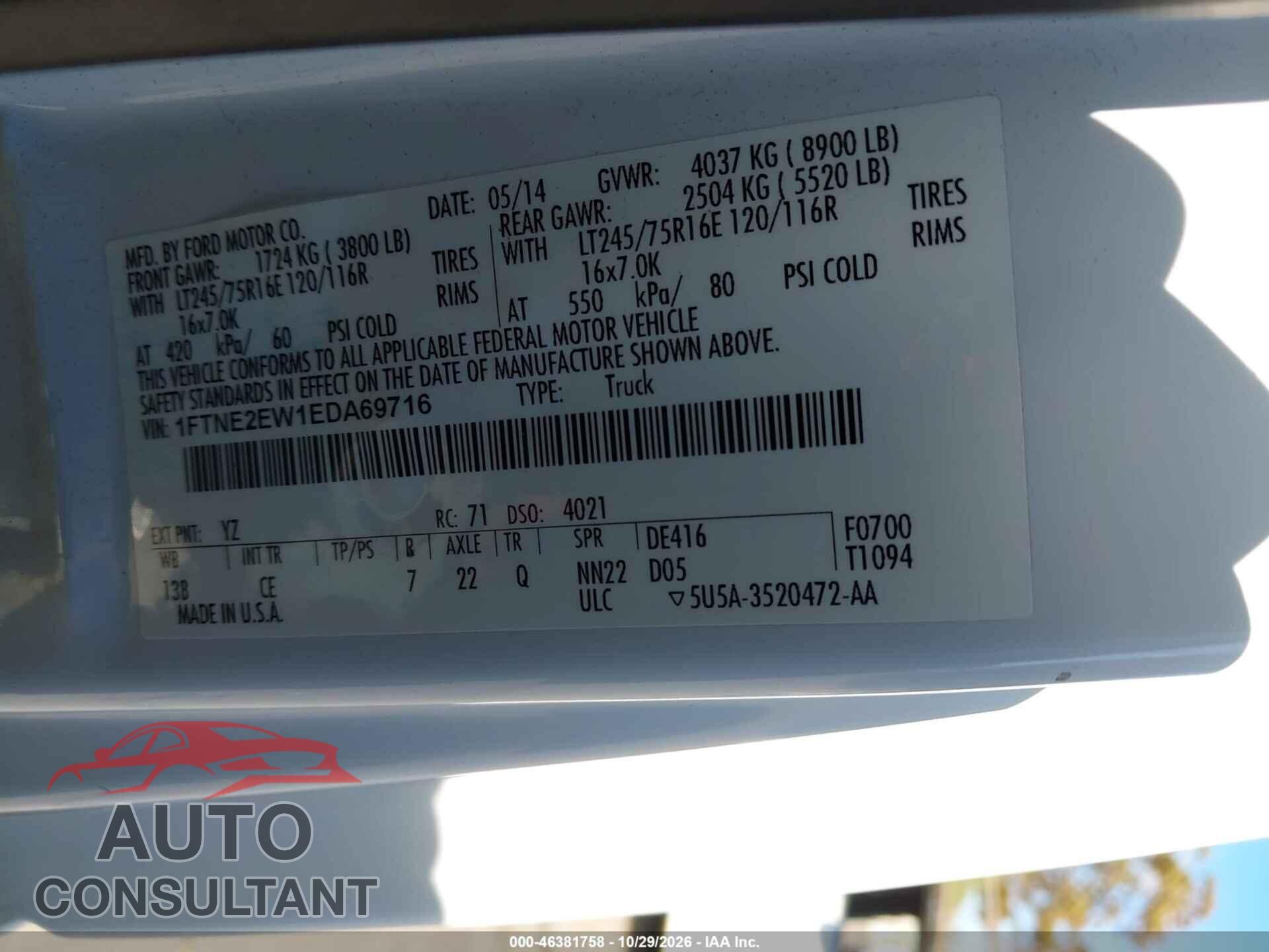 FORD E-250 2014 - 1FTNE2EW1EDA69716