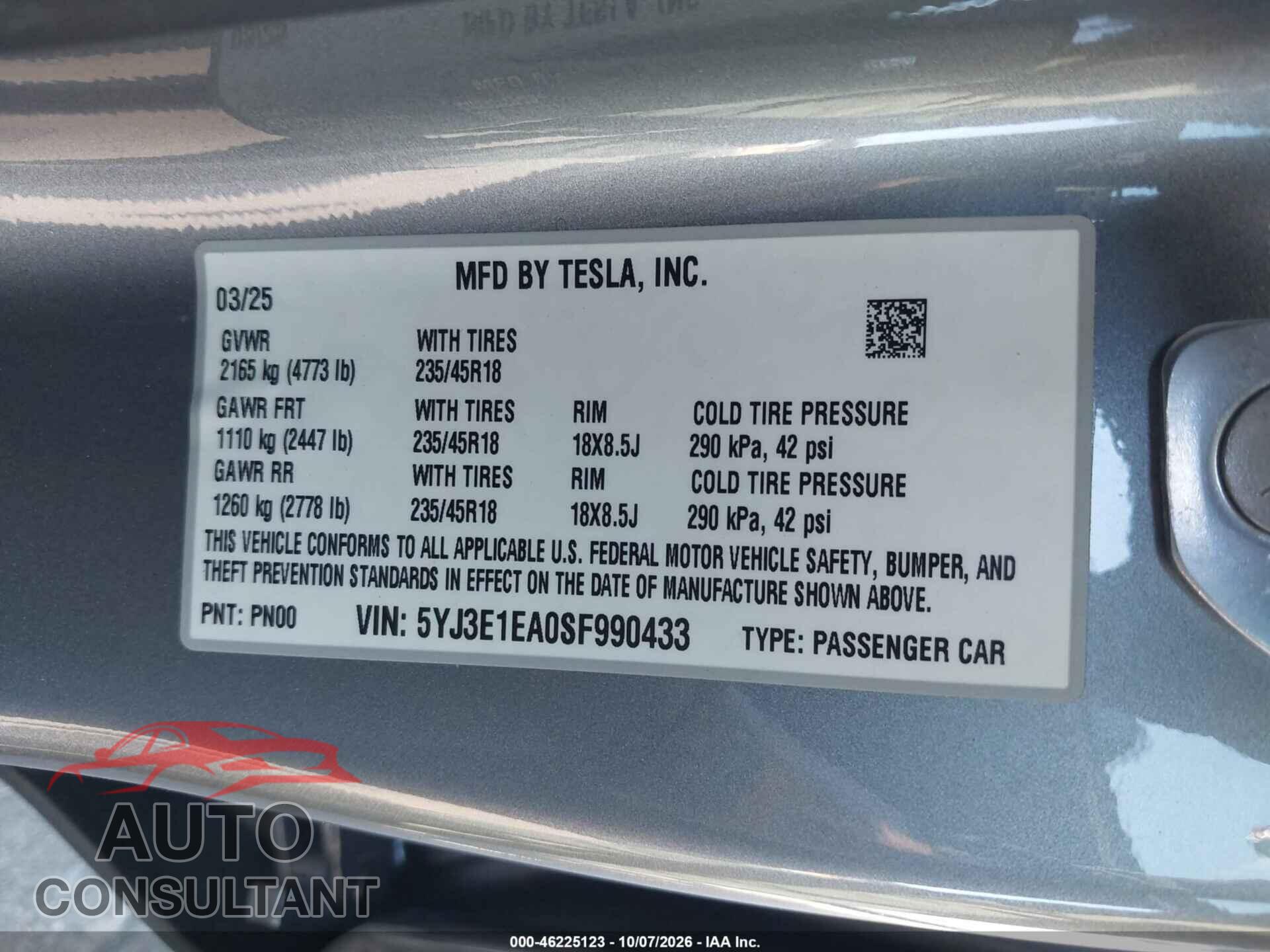 TESLA MODEL 3 2025 - 5YJ3E1EA0SF990433