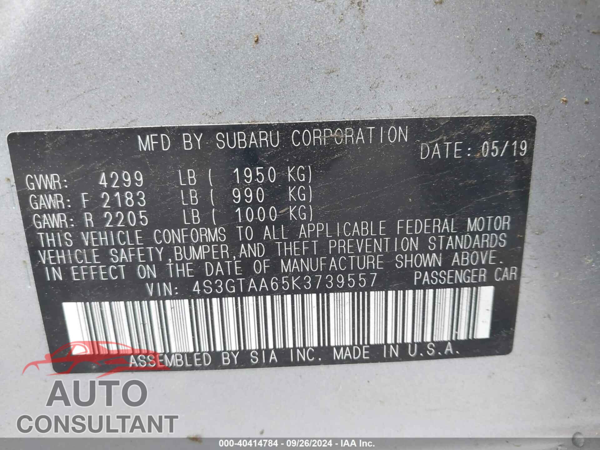 SUBARU IMPREZA 2019 - 4S3GTAA65K3739557