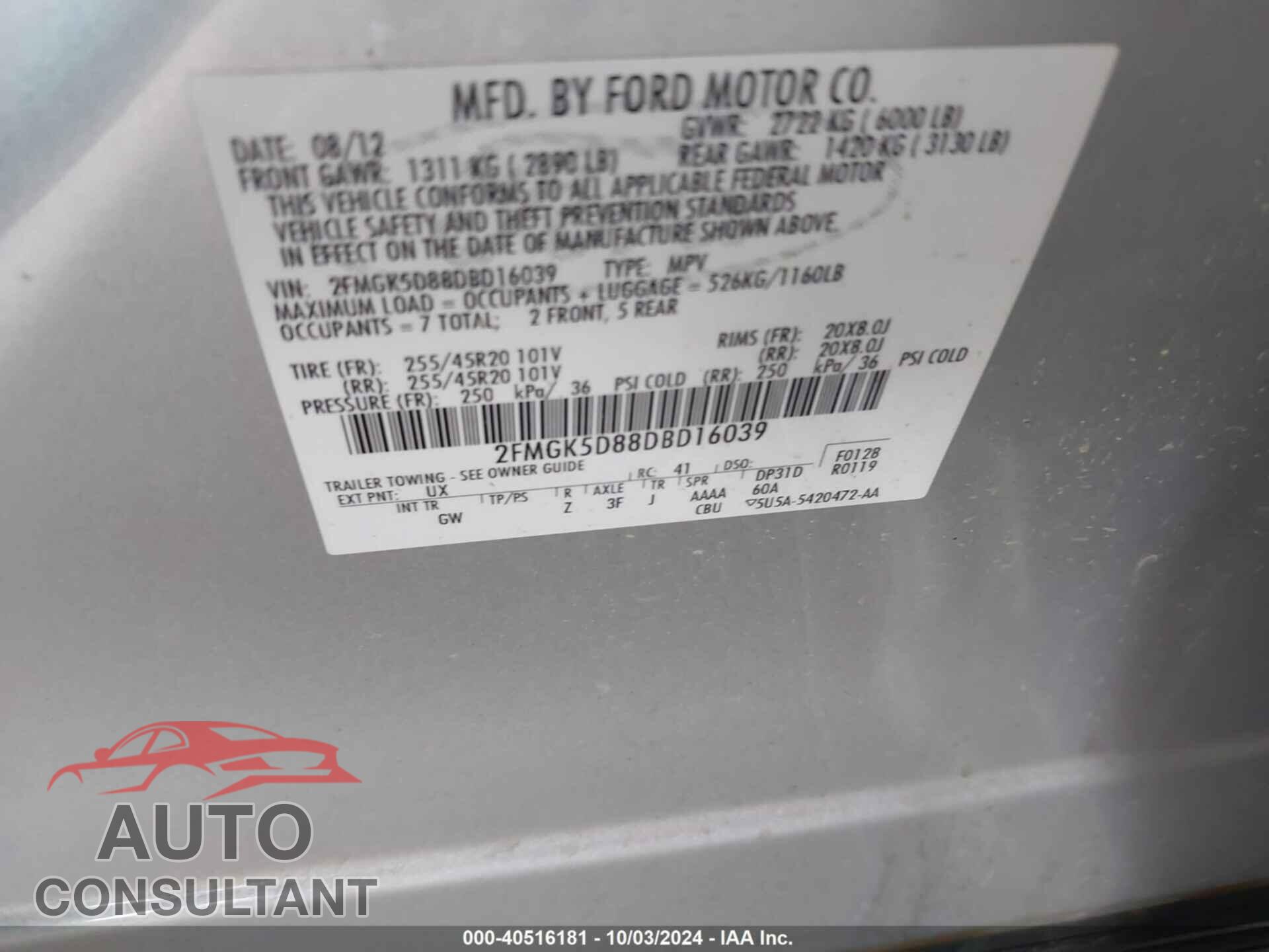 FORD FLEX 2013 - 2FMGK5D88DBD16039