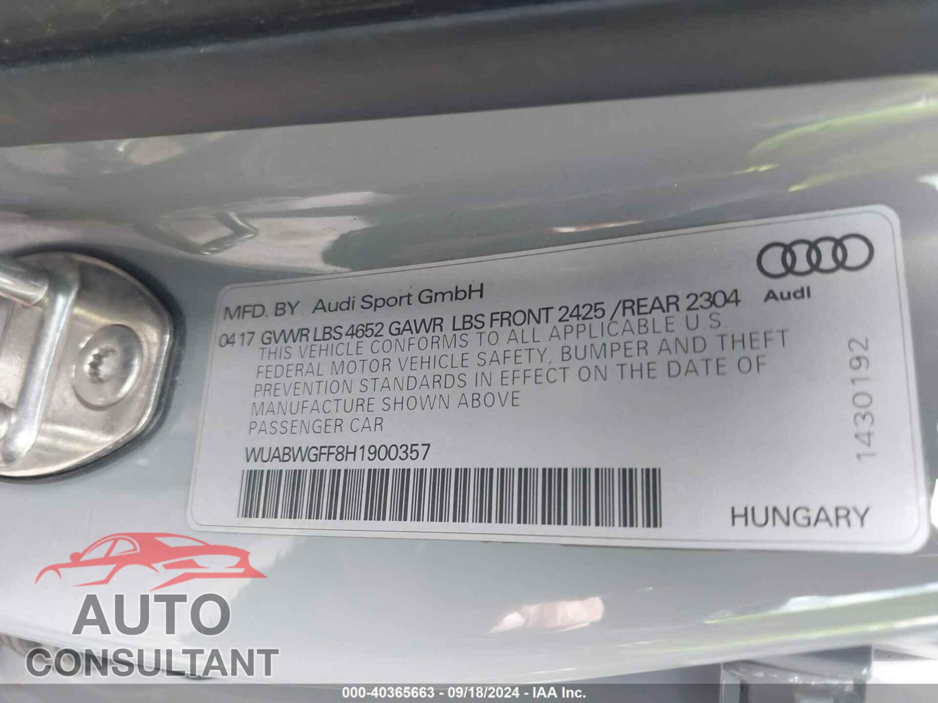 AUDI RS 3 2017 - WUABWGFF8H1900357