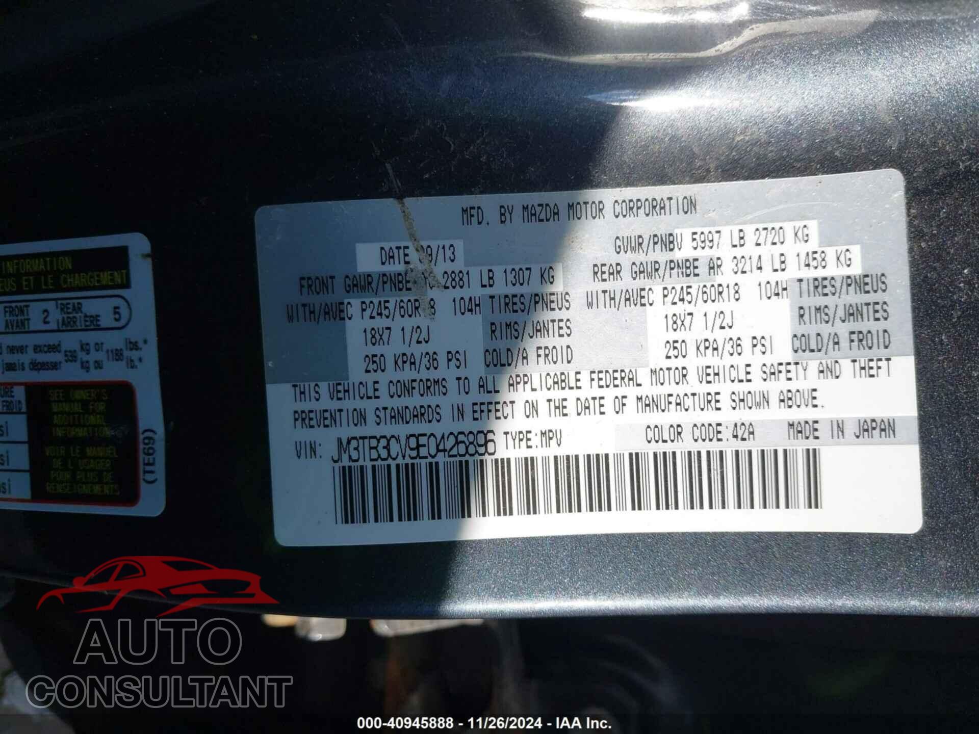 MAZDA CX-9 2014 - JM3TB3CV9E0426896