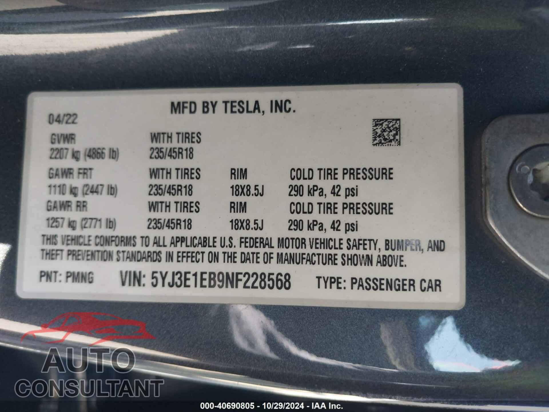 TESLA MODEL 3 2022 - 5YJ3E1EB9NF228568