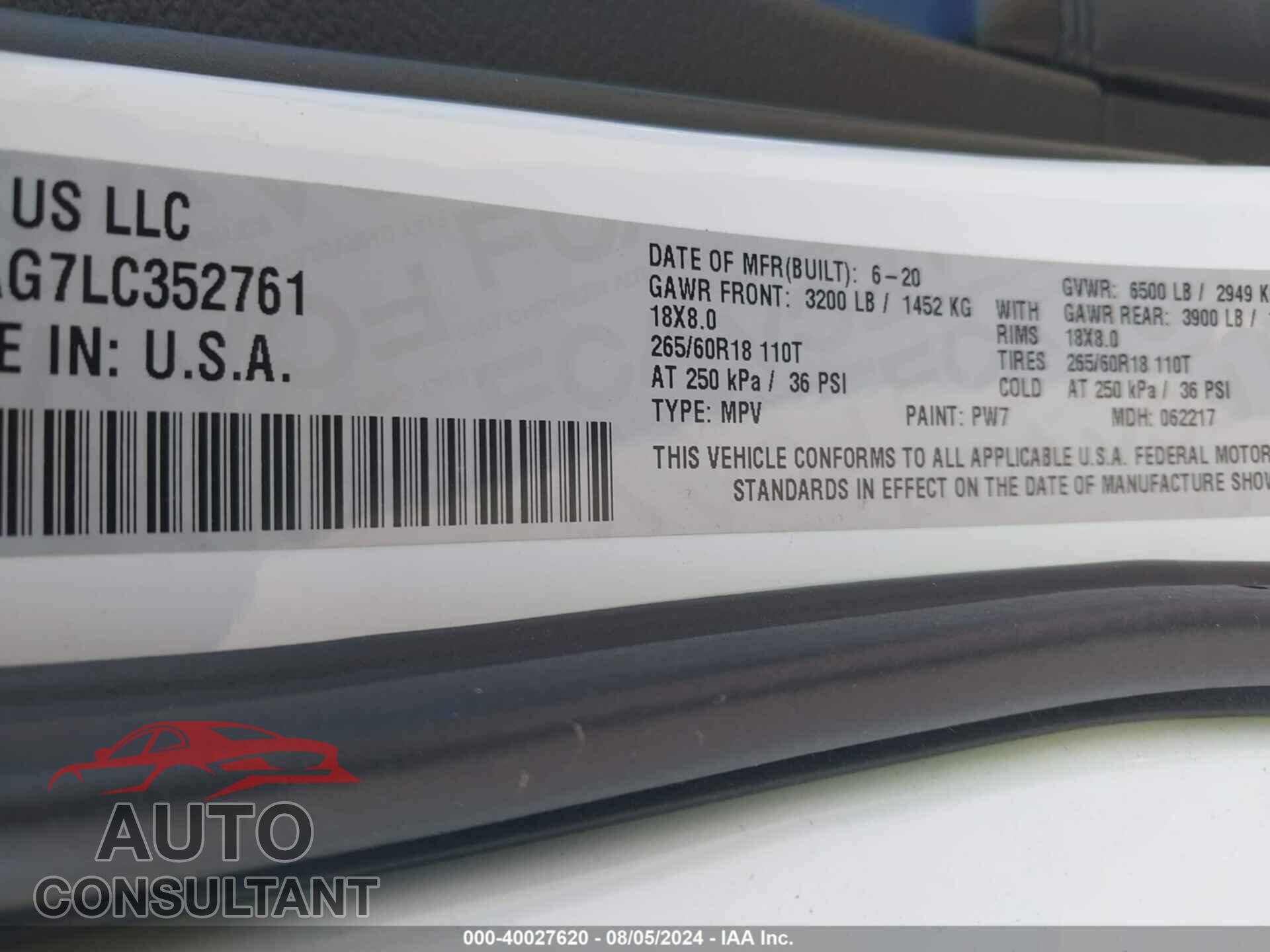 DODGE DURANGO 2020 - 1C4RDHAG7LC352761