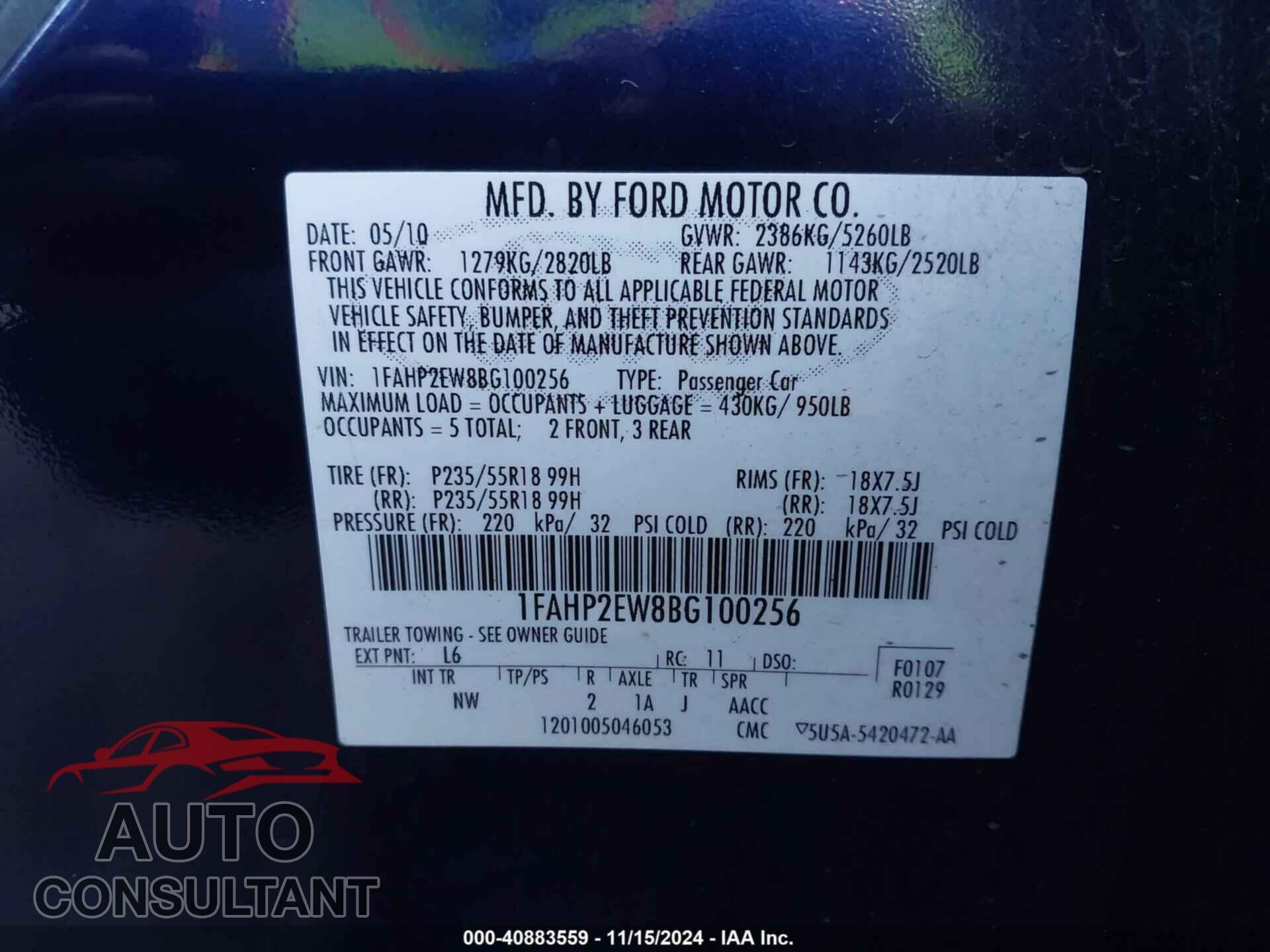 FORD TAURUS 2011 - 1FAHP2EW8BG100256