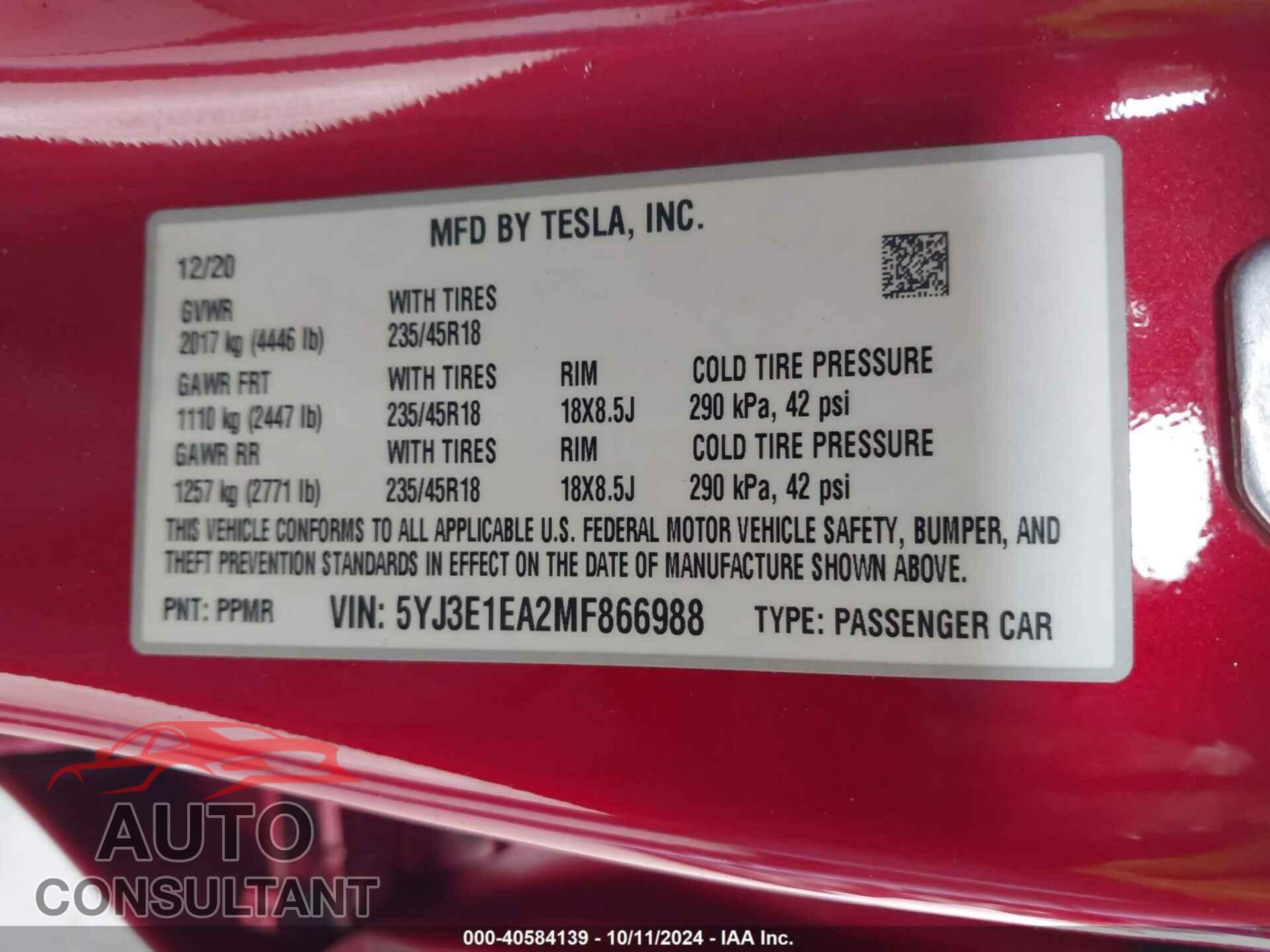 TESLA MODEL 3 2021 - 5YJ3E1EA2MF866988