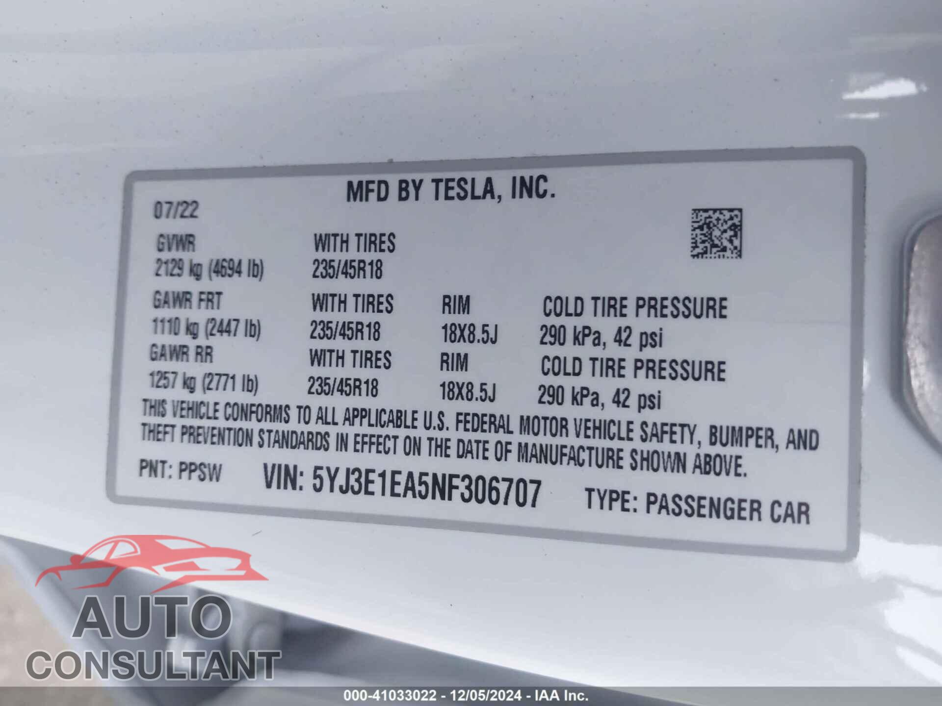 TESLA MODEL 3 2022 - 5YJ3E1EA5NF306707