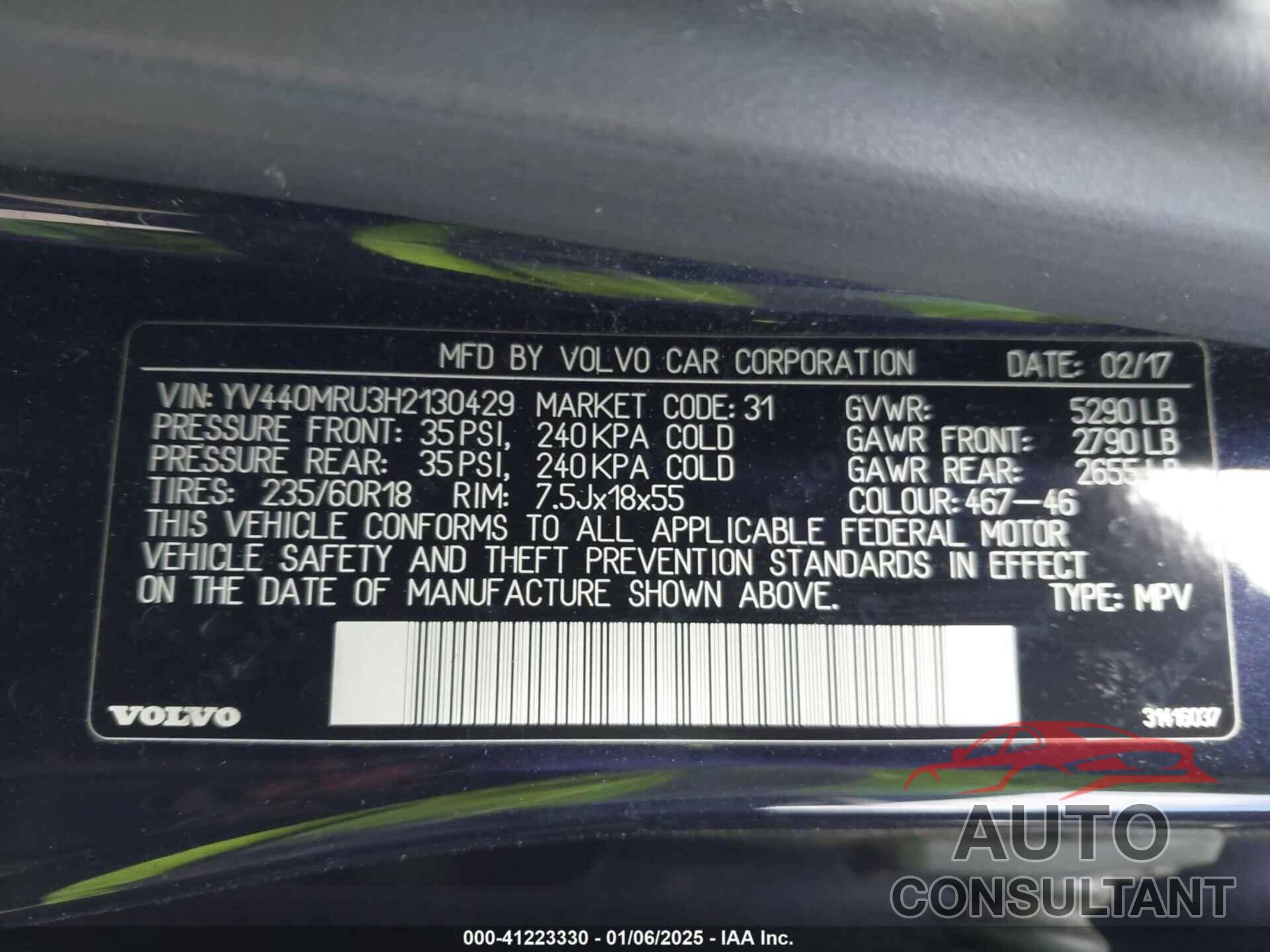 VOLVO XC60 2017 - YV440MRU3H2130429