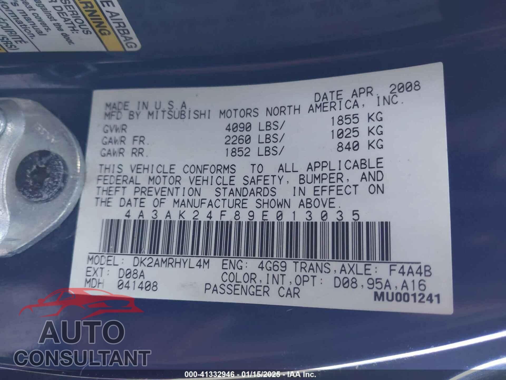MITSUBISHI ECLIPSE 2009 - 4A3AK24F89E013035